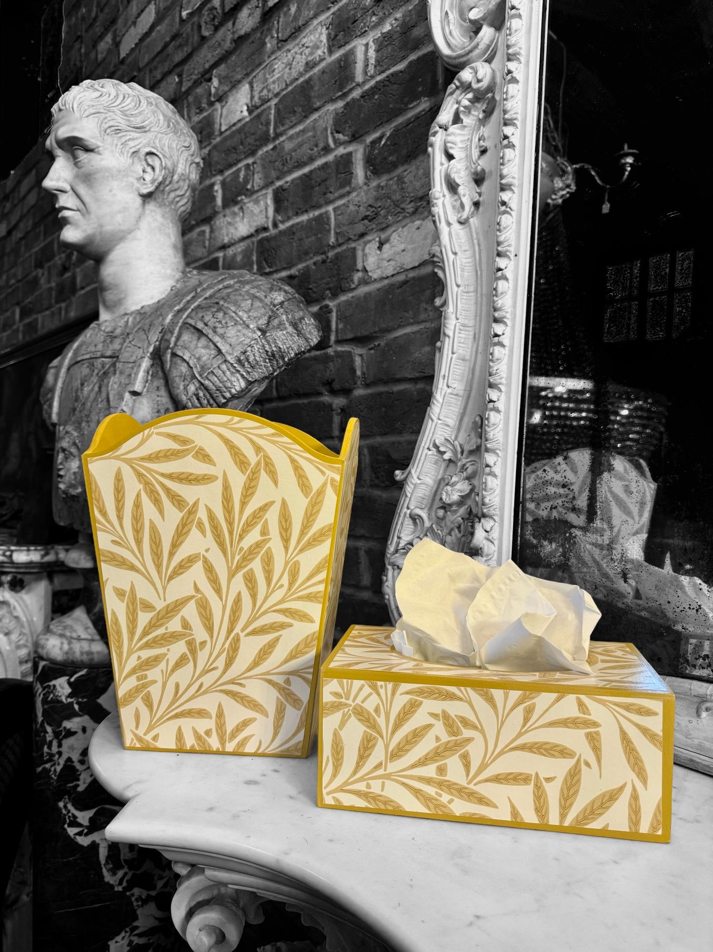 Hastings - Matching set - Waste paper bin & square or rectangle tissue box cover - Decoupage in William Morris Willow Boughs by Morris & Co in yellow colourway