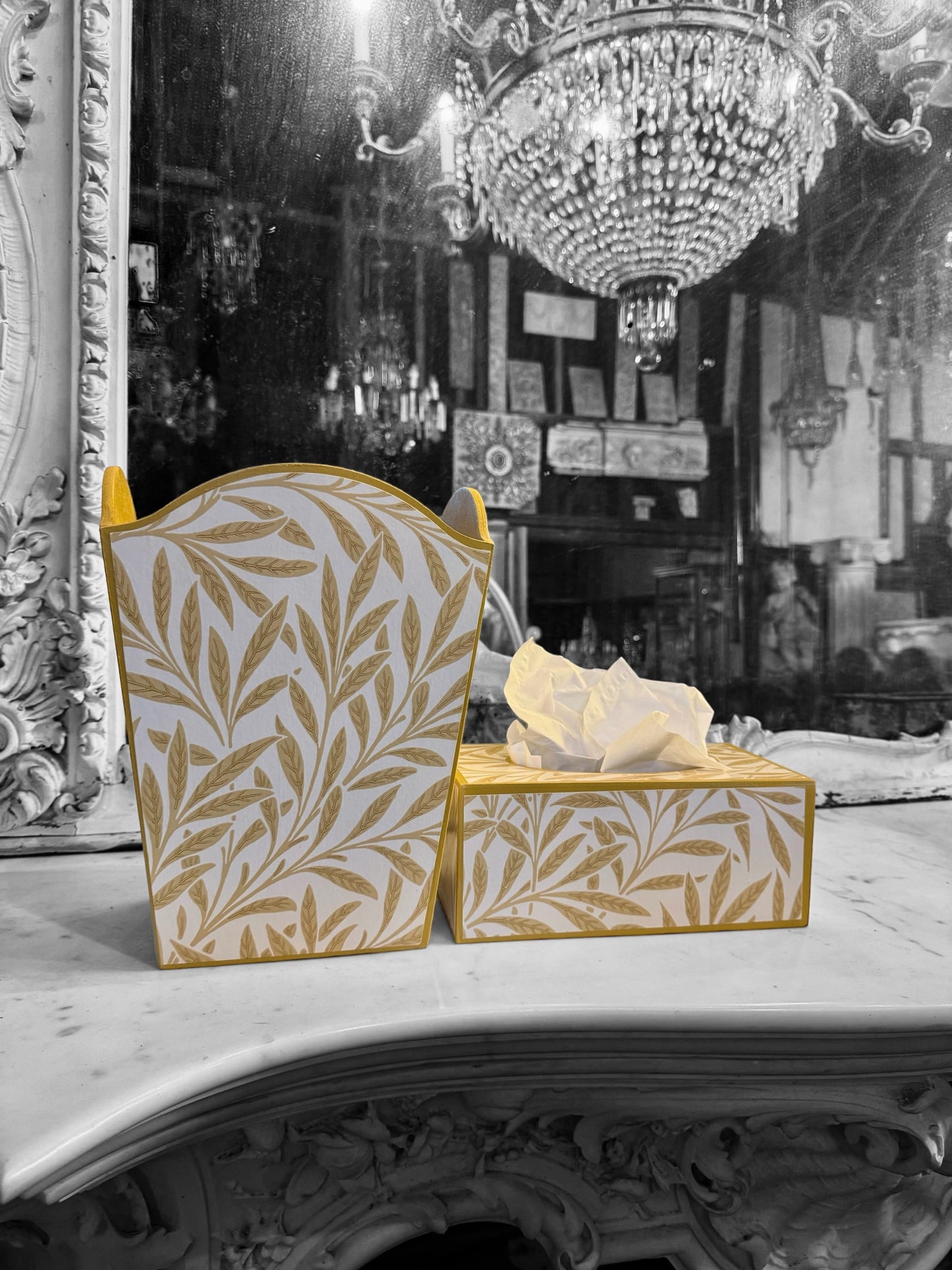 Hastings - Matching set - Waste paper bin & square or rectangle tissue box cover - Decoupage in William Morris Willow Boughs by Morris & Co in yellow colourway