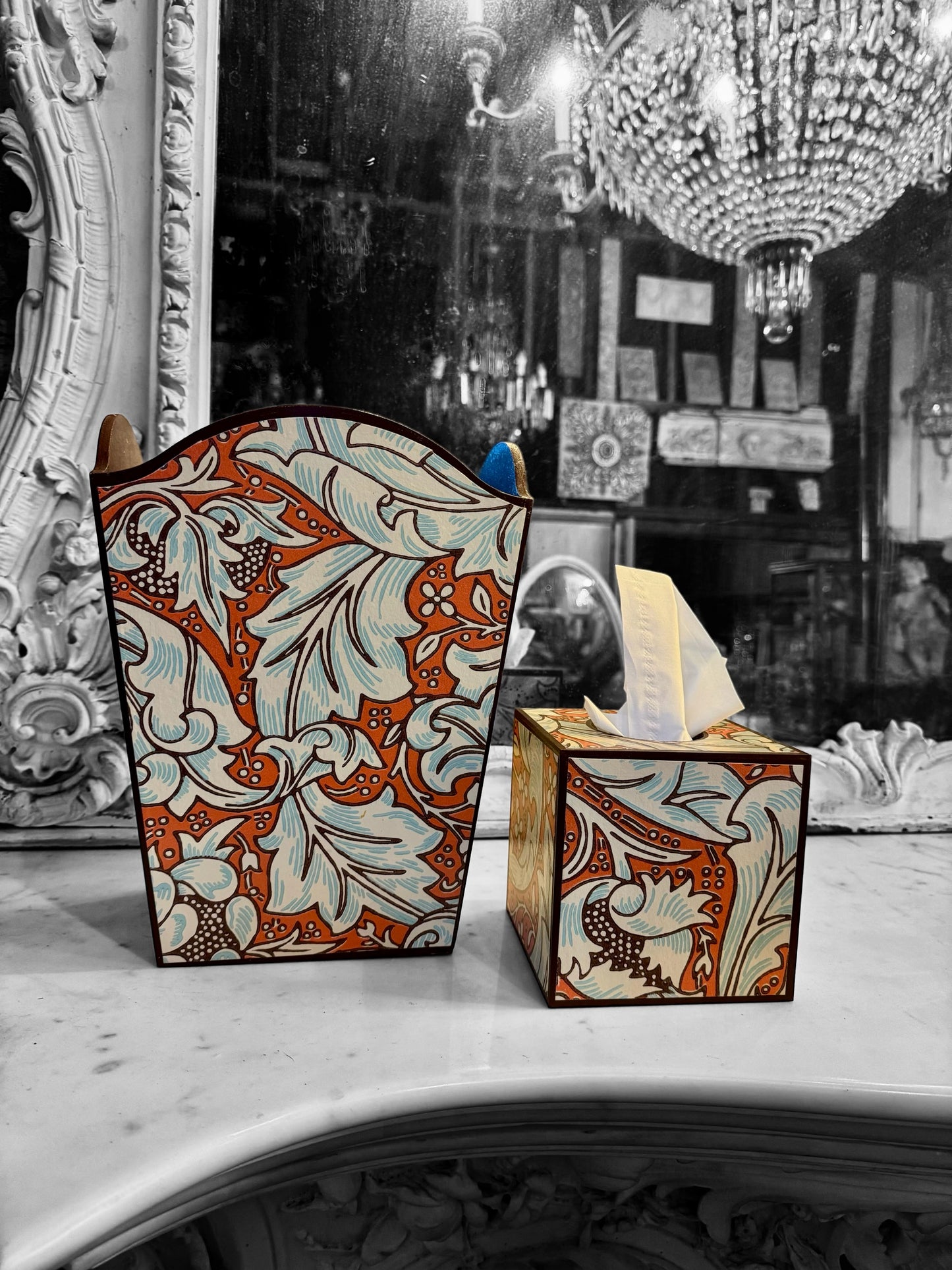 Clerkenwell - Matching set - Waste paper bin and square or rectangle tissue box cover - Decoupage in William Morris Batchelors Button by Morris & Co in Orange/Sky colourway