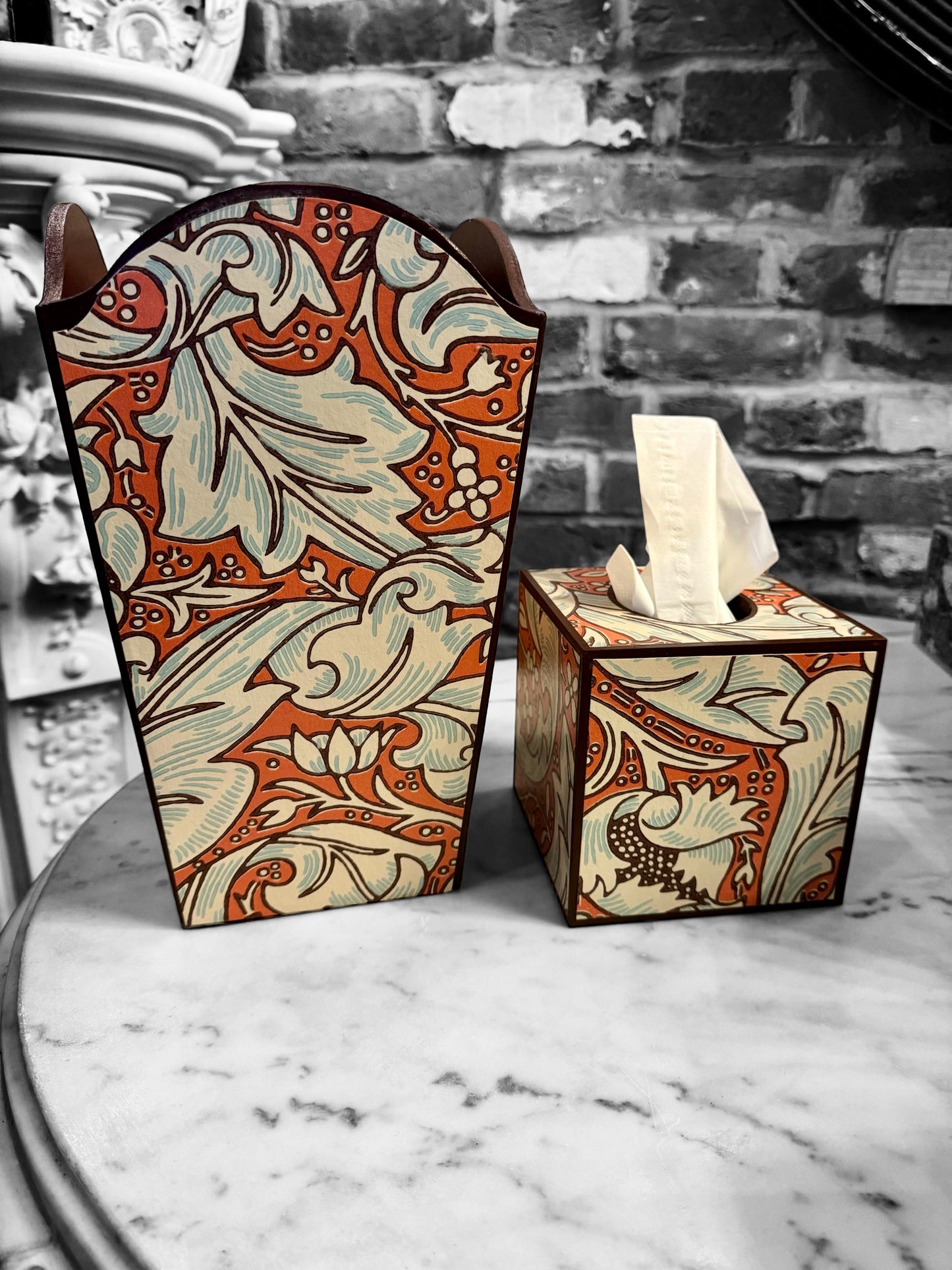 Clerkenwell - Matching set - Waste paper bin and square or rectangle tissue box cover - Decoupage in William Morris Batchelors Button by Morris & Co in Orange/Sky colourway