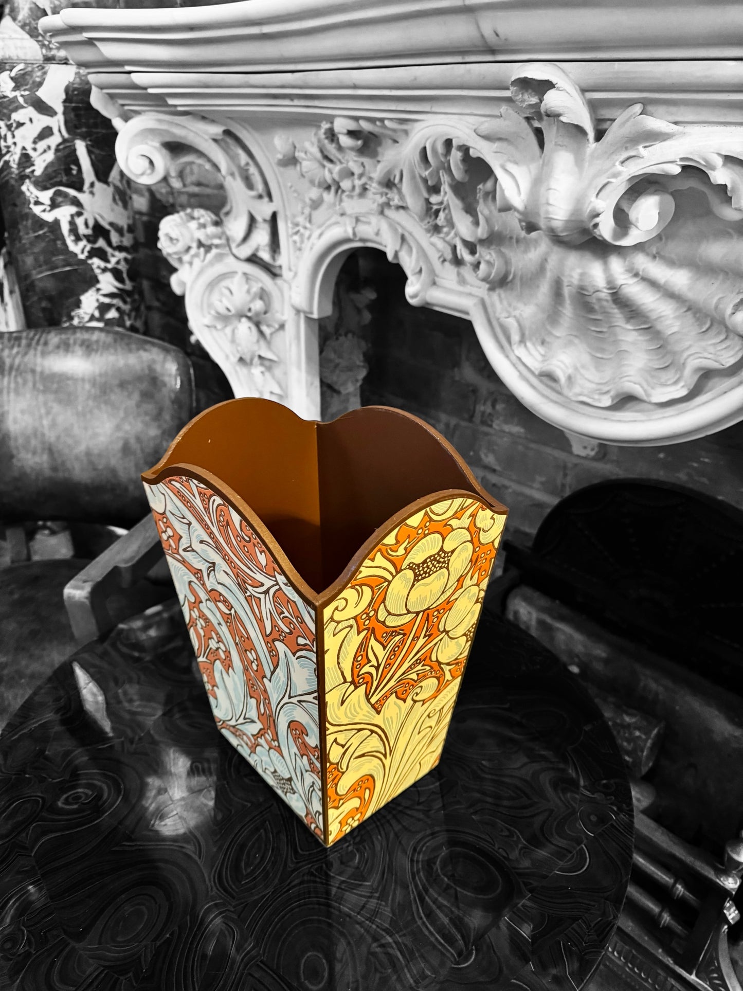 Clerkenwell - Matching set - Waste paper bin and square or rectangle tissue box cover - Decoupage in William Morris Batchelors Button by Morris & Co in Orange/Sky colourway