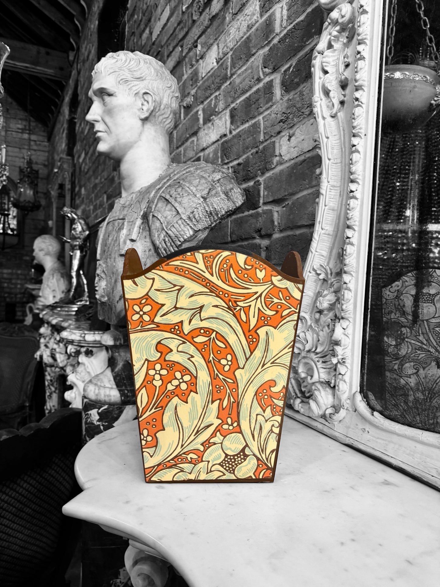 Clerkenwell - Matching set - Waste paper bin and square or rectangle tissue box cover - Decoupage in William Morris Batchelors Button by Morris & Co in Orange/Sky colourway
