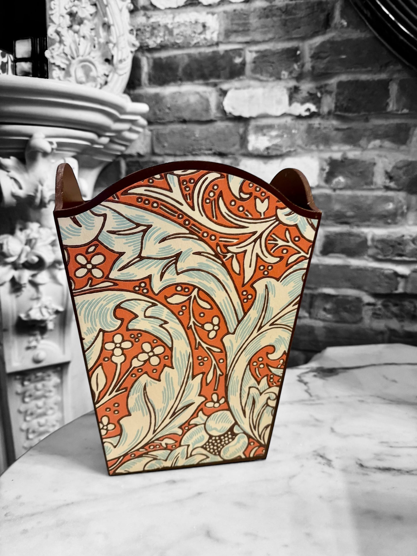 Clerkenwell - Matching set - Waste paper bin and square or rectangle tissue box cover - Decoupage in William Morris Batchelors Button by Morris & Co in Orange/Sky colourway