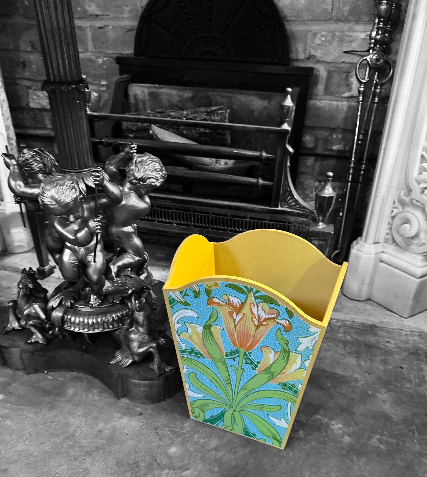 Highgate - Matching set - Waste paper bin & square or rectangle tissue box cover - Decoupage in William Morris Woodland Weeds by Morris & co in orange and turquoise colourway