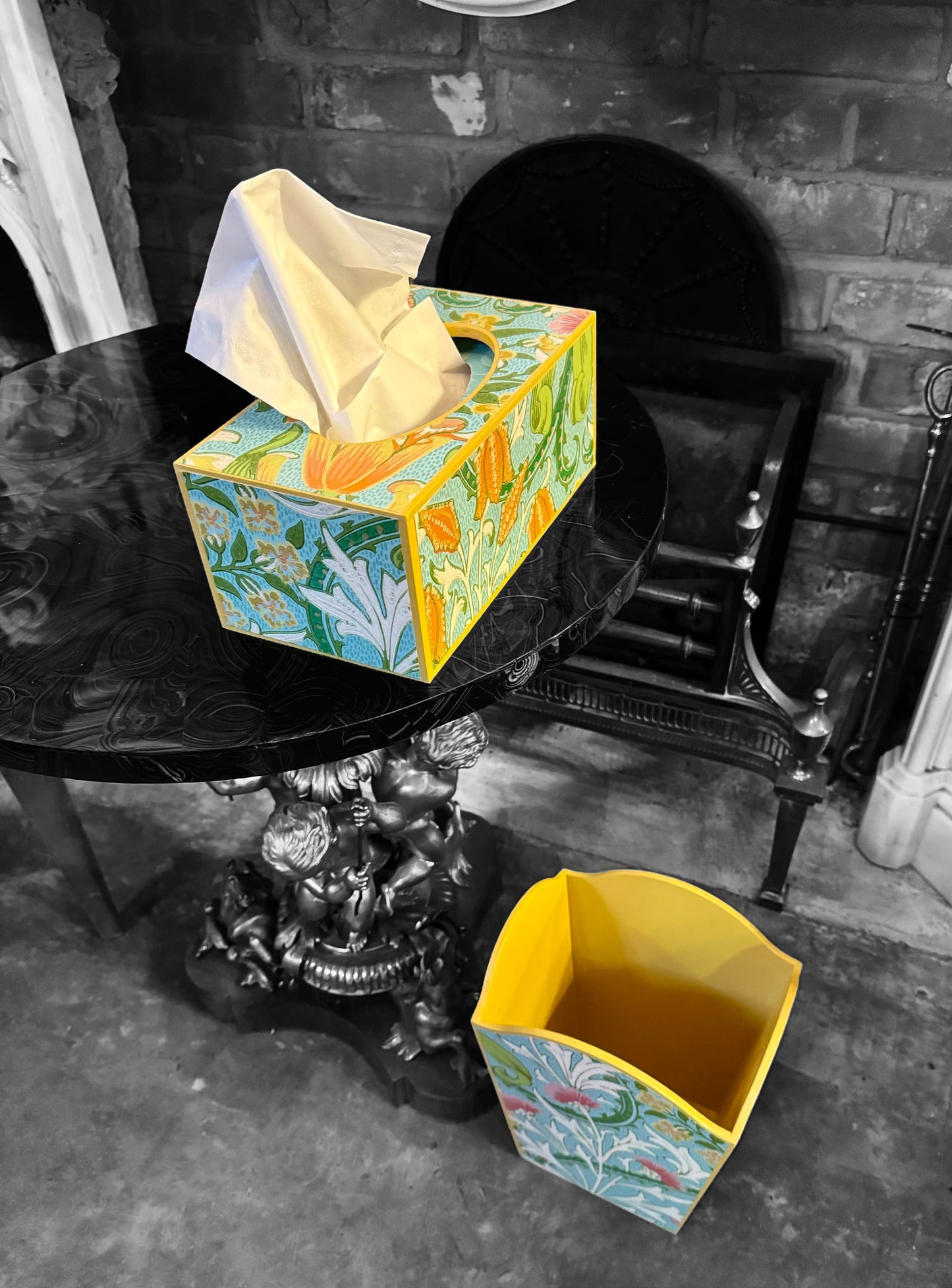Highgate - Matching set - Waste paper bin & square or rectangle tissue box cover - Decoupage in William Morris Woodland Weeds by Morris & co in orange and turquoise colourway