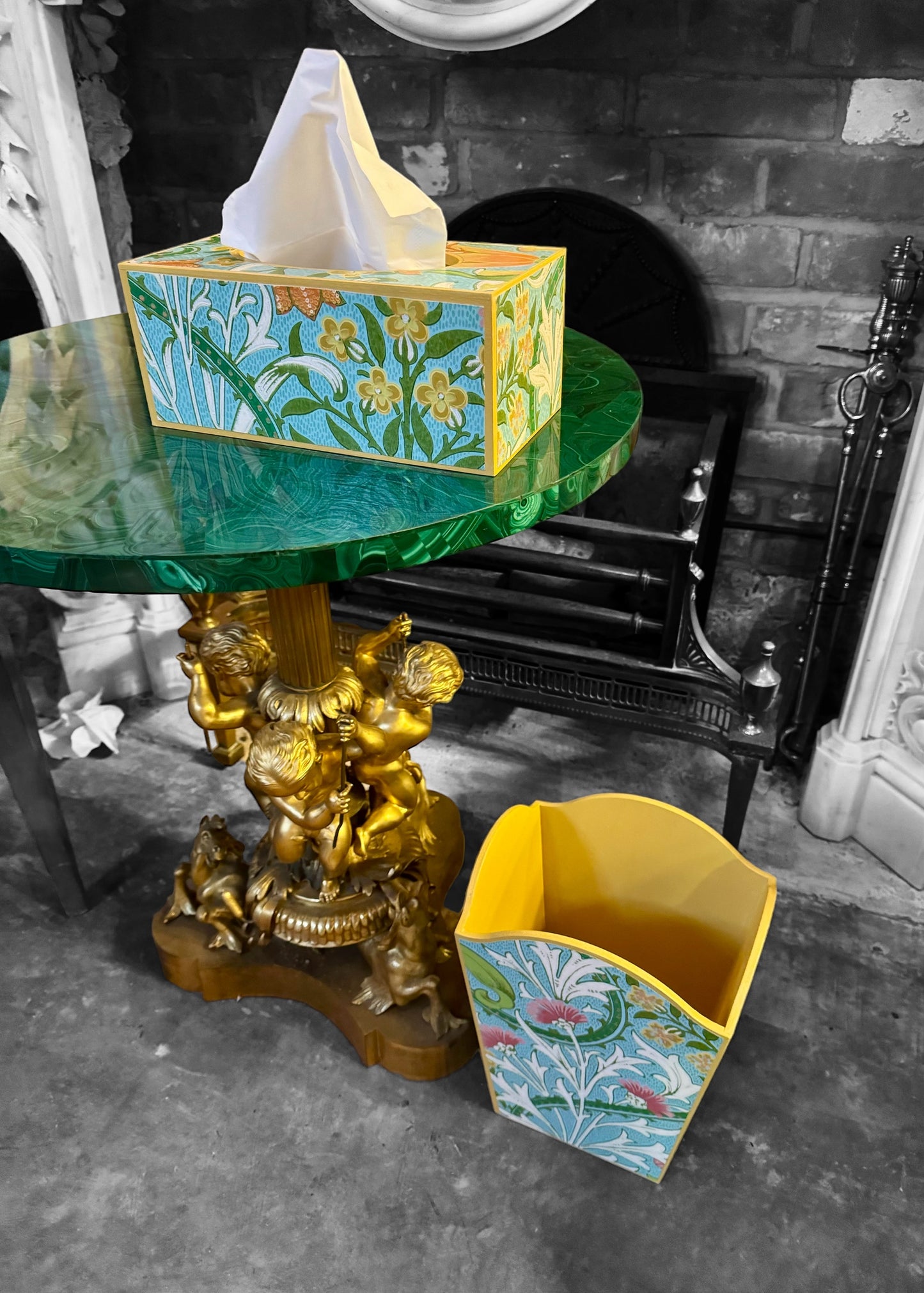 Highgate - Matching set - Waste paper bin & square or rectangle tissue box cover - Decoupage in William Morris Woodland Weeds by Morris & co in orange and turquoise colourway