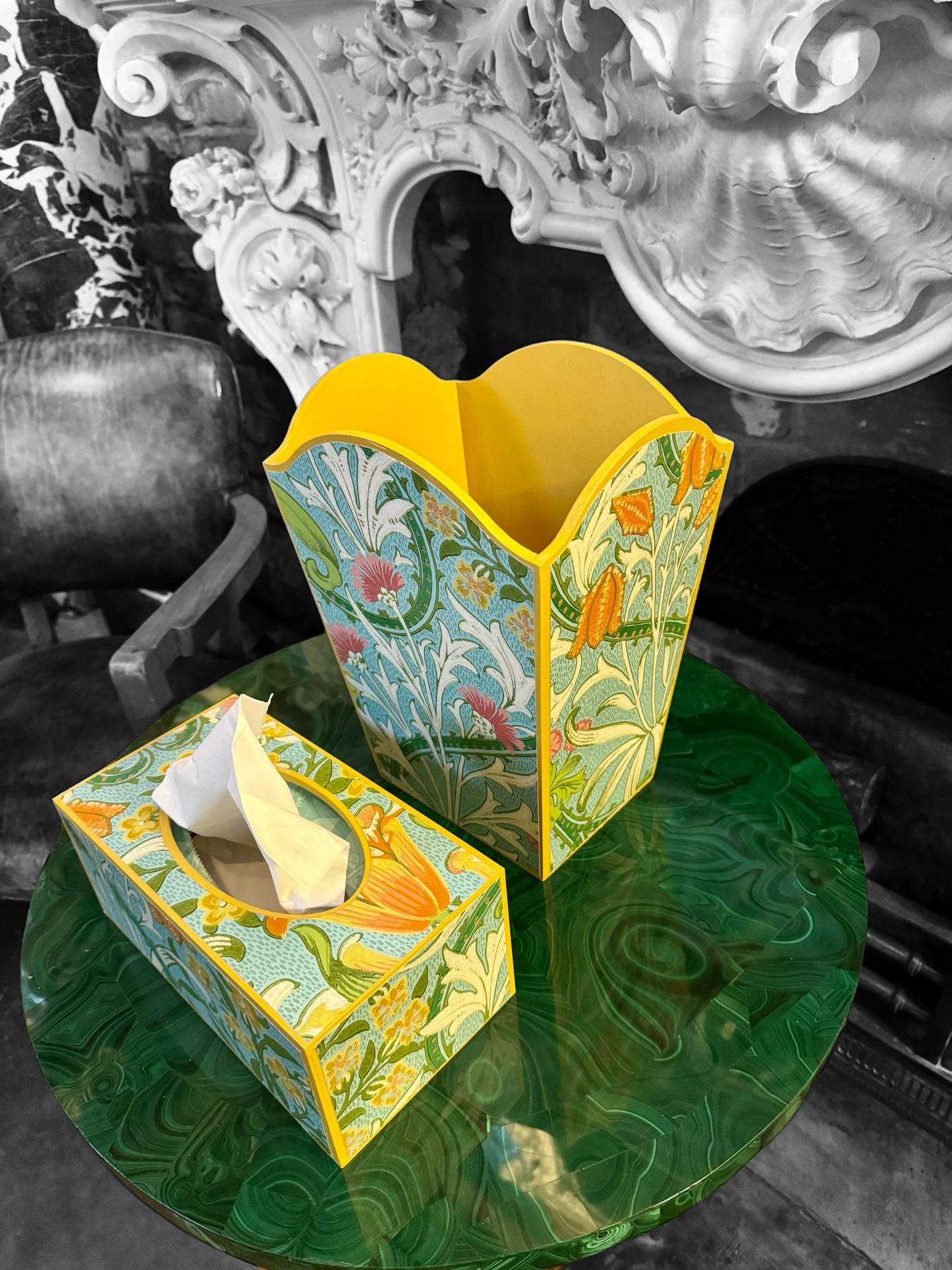 Highgate - Matching set - Waste paper bin & square or rectangle tissue box cover - Decoupage in William Morris Woodland Weeds by Morris & co in orange and turquoise colourway