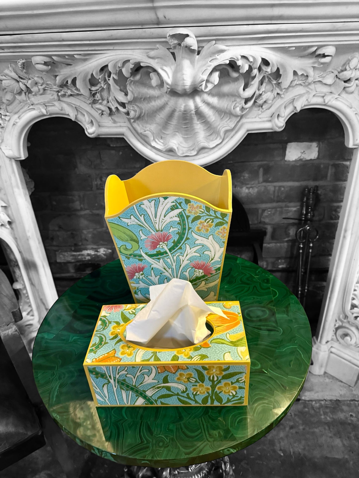 Highgate - Matching set - Waste paper bin & square or rectangle tissue box cover - Decoupage in William Morris Woodland Weeds by Morris & co in orange and turquoise colourway