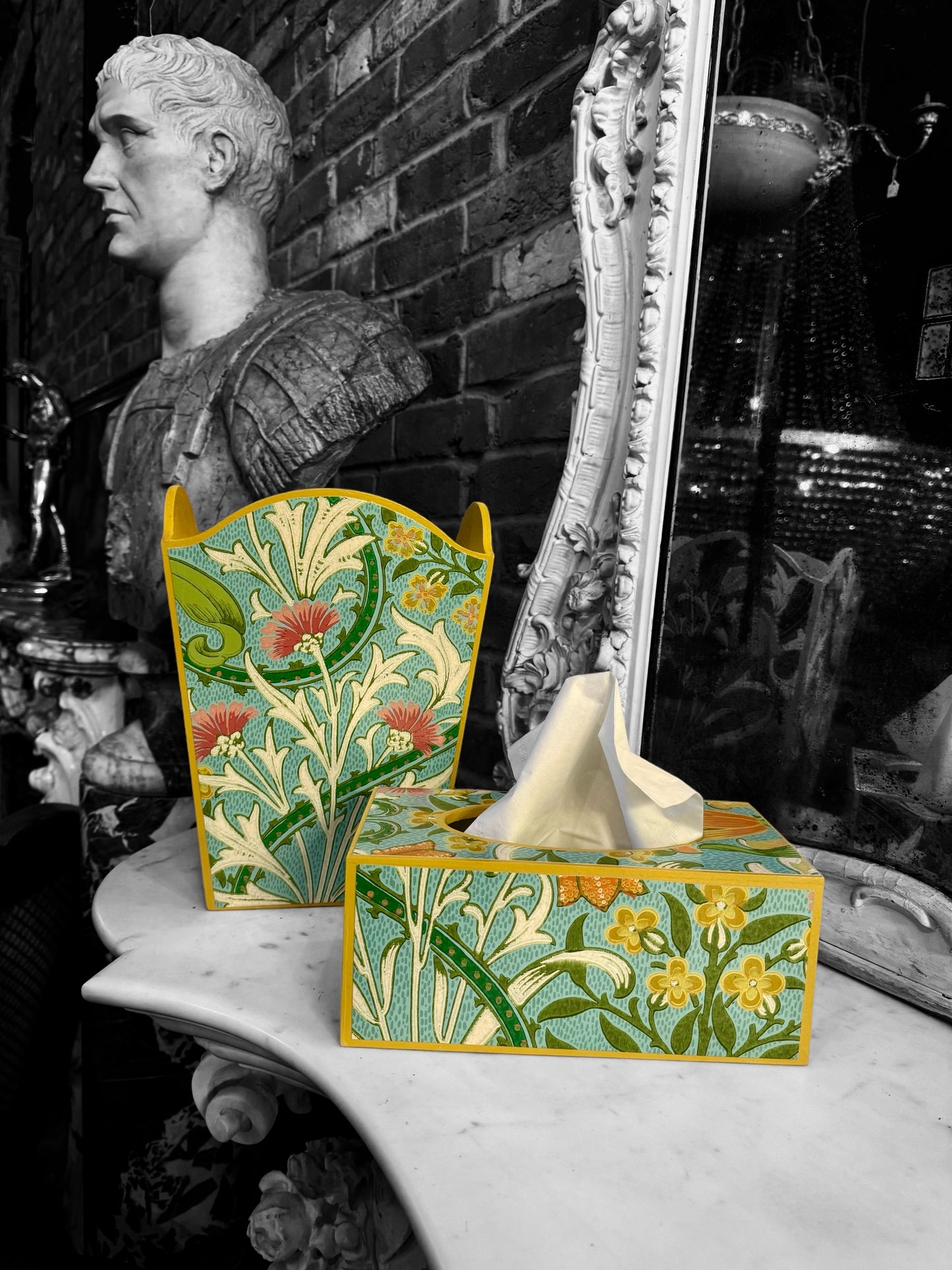 Highgate - Matching set - Waste paper bin & square or rectangle tissue box cover - Decoupage in William Morris Woodland Weeds by Morris & co in orange and turquoise colourway