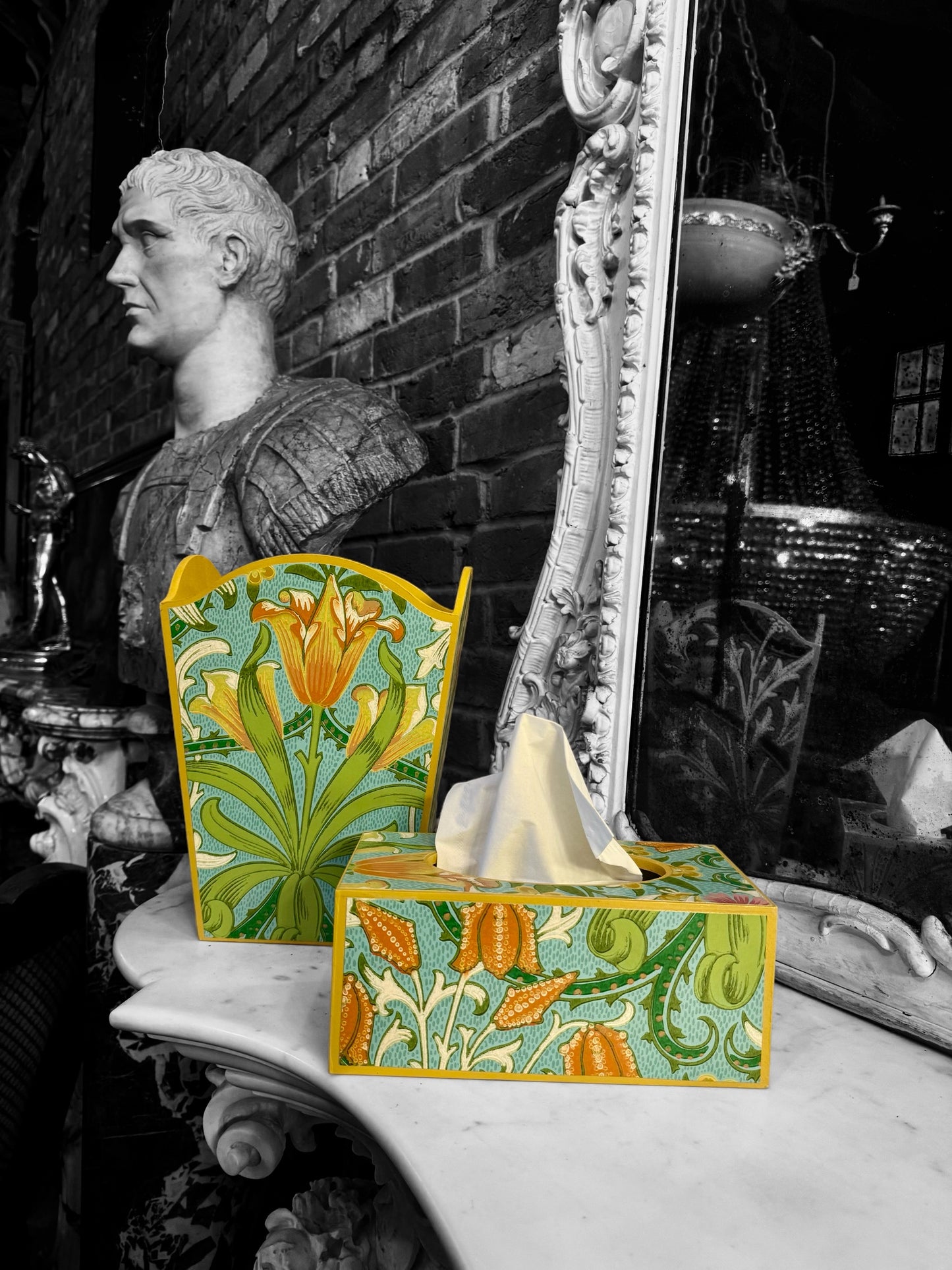 Highgate - Matching set - Waste paper bin & square or rectangle tissue box cover - Decoupage in William Morris Woodland Weeds by Morris & co in orange and turquoise colourway