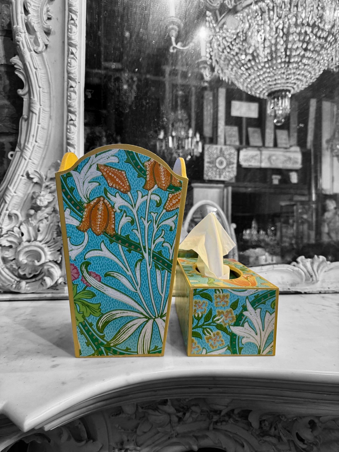 Highgate - Matching set - Waste paper bin & square or rectangle tissue box cover - Decoupage in William Morris Woodland Weeds by Morris & co in orange and turquoise colourway