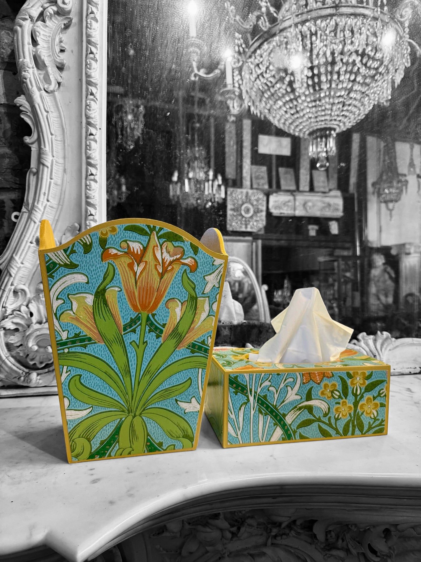 Highgate - Matching set - Waste paper bin & square or rectangle tissue box cover - Decoupage in William Morris Woodland Weeds by Morris & co in orange and turquoise colourway