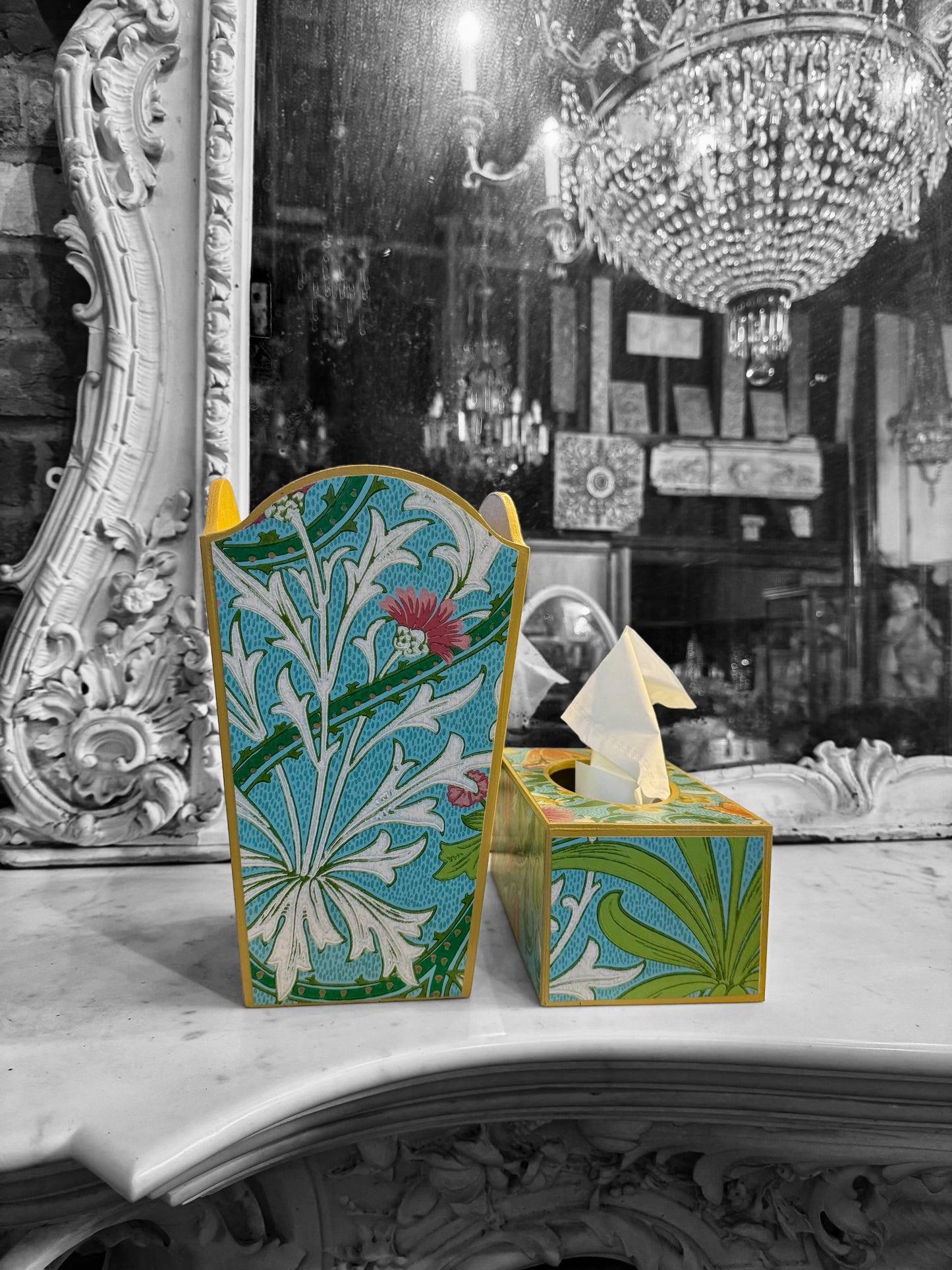 Highgate - Matching set - Waste paper bin & square or rectangle tissue box cover - Decoupage in William Morris Woodland Weeds by Morris & co in orange and turquoise colourway