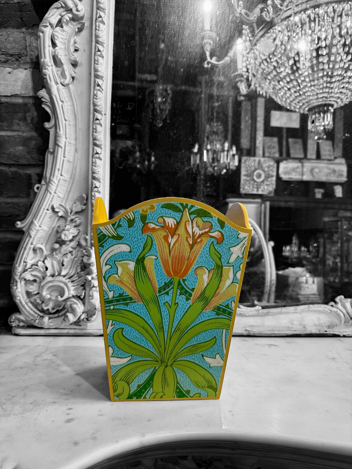 Highgate - Matching set - Waste paper bin & square or rectangle tissue box cover - Decoupage in William Morris Woodland Weeds by Morris & co in orange and turquoise colourway