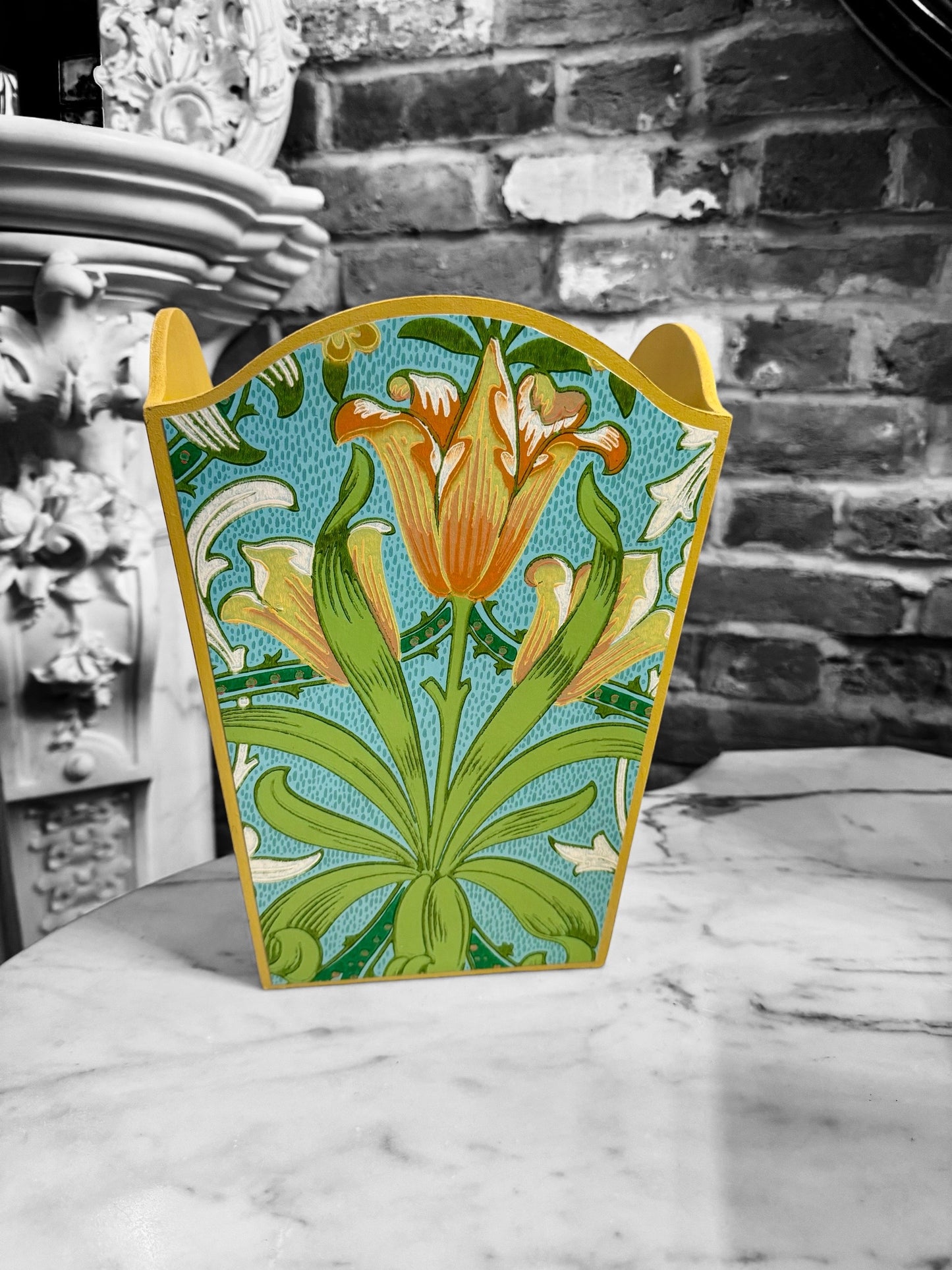 Highgate - Matching set - Waste paper bin & square or rectangle tissue box cover - Decoupage in William Morris Woodland Weeds by Morris & co in orange and turquoise colourway