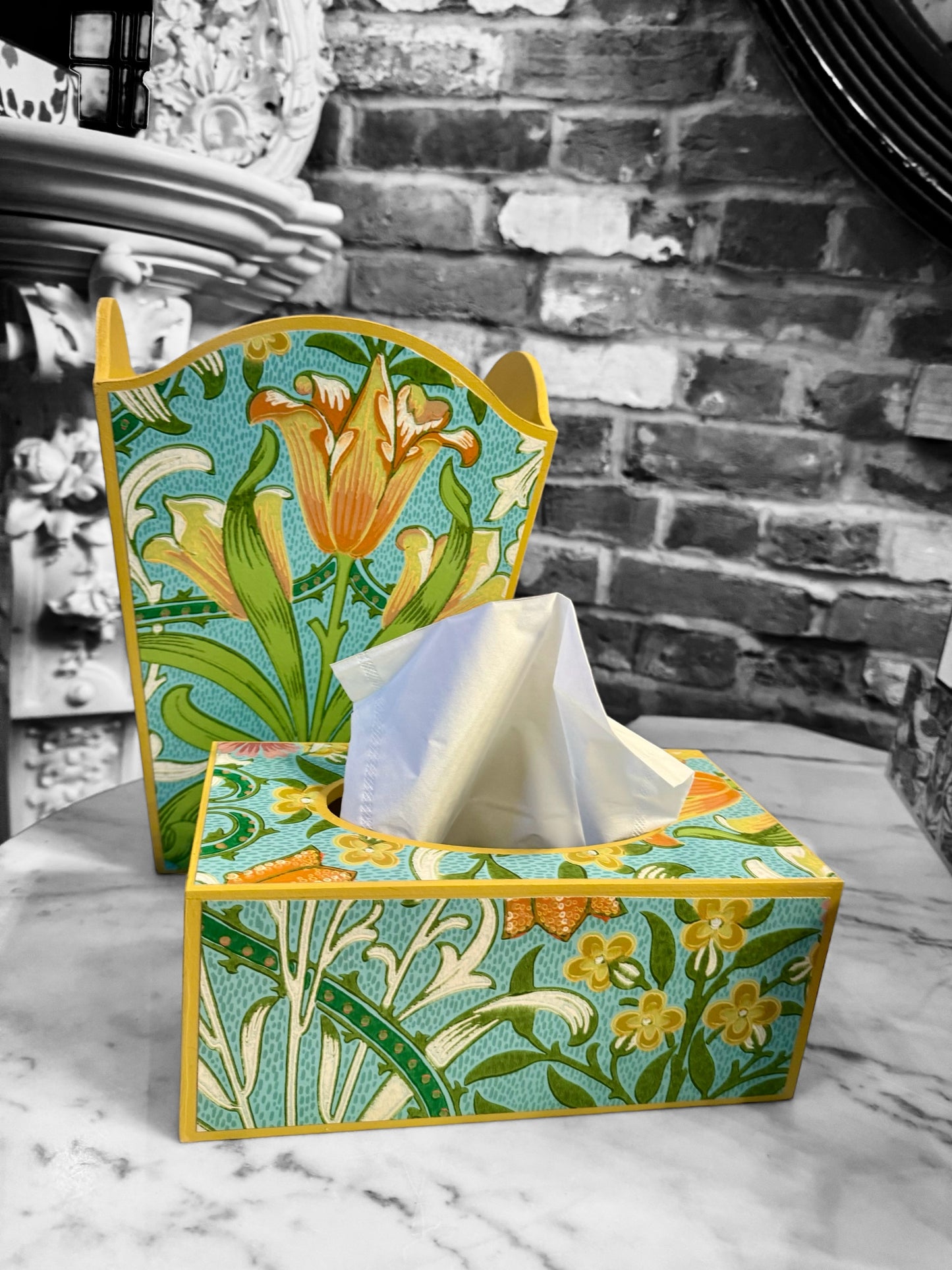 Highgate - Matching set - Waste paper bin & square or rectangle tissue box cover - Decoupage in William Morris Woodland Weeds by Morris & co in orange and turquoise colourway