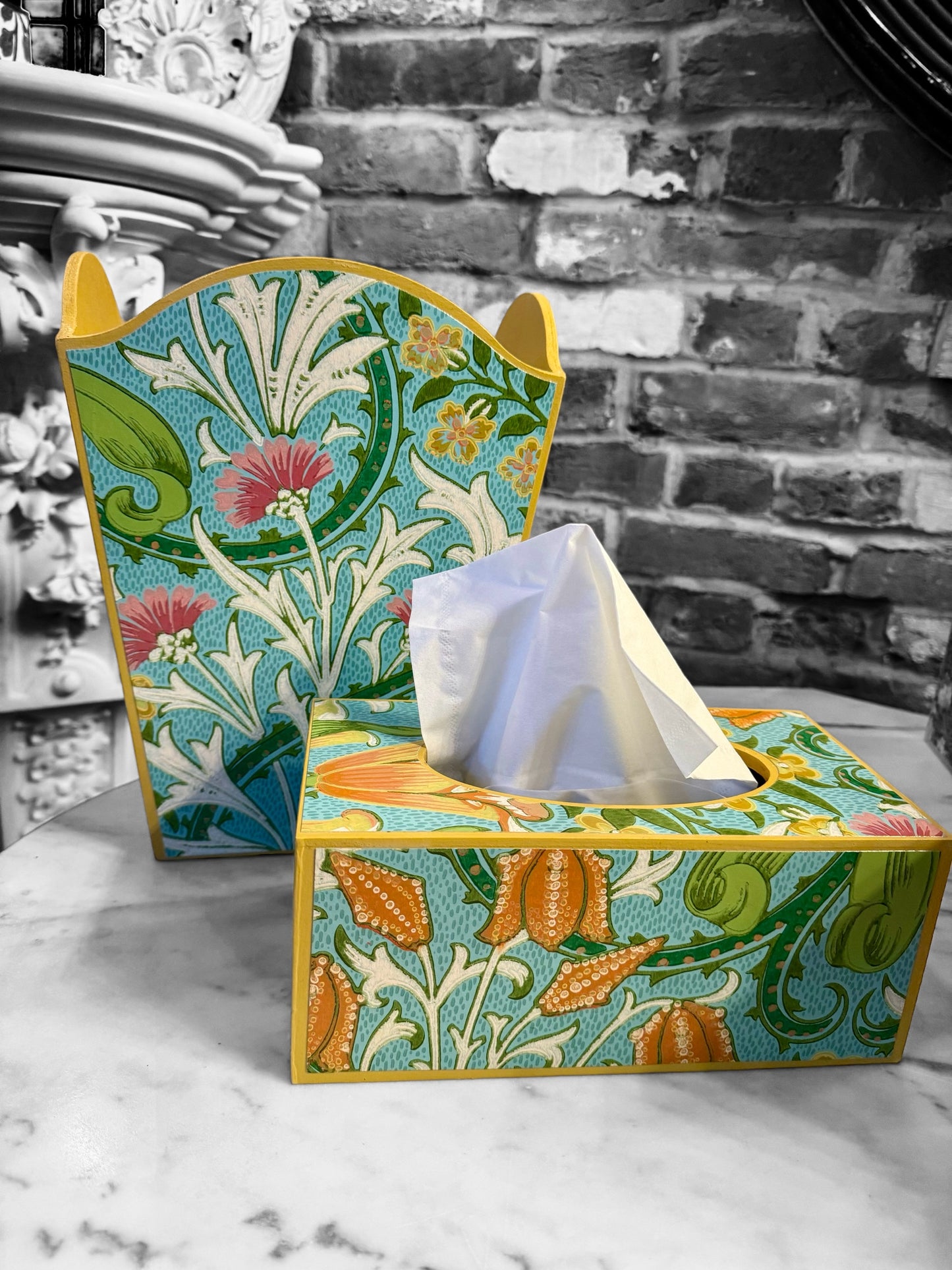 Highgate - Matching set - Waste paper bin & square or rectangle tissue box cover - Decoupage in William Morris Woodland Weeds by Morris & co in orange and turquoise colourway
