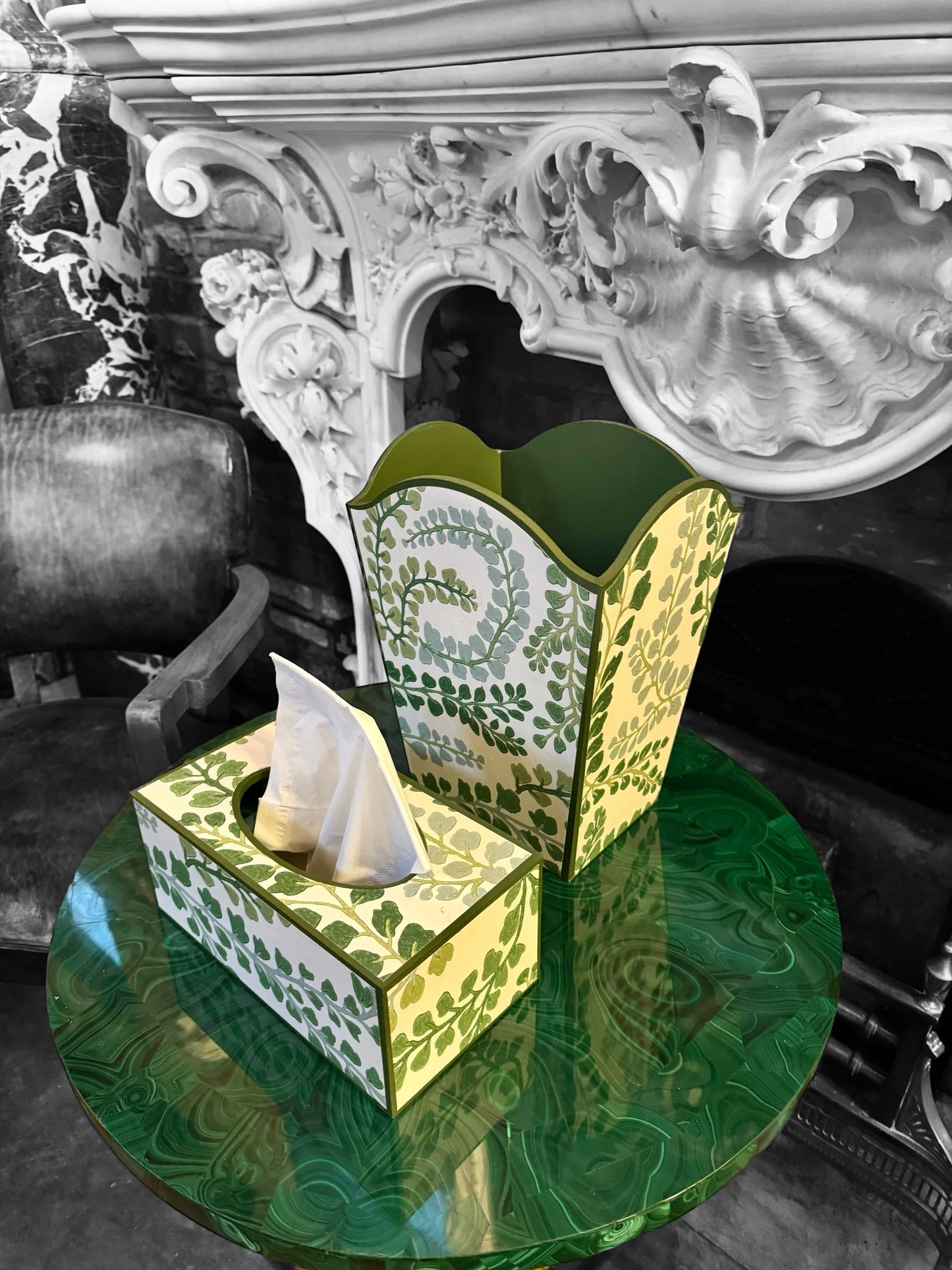 Barnes - Matching set - Waste paper bin & square or rectangle tissue box cover - Decoupage in Fayola by Harlequin in chalk colourway