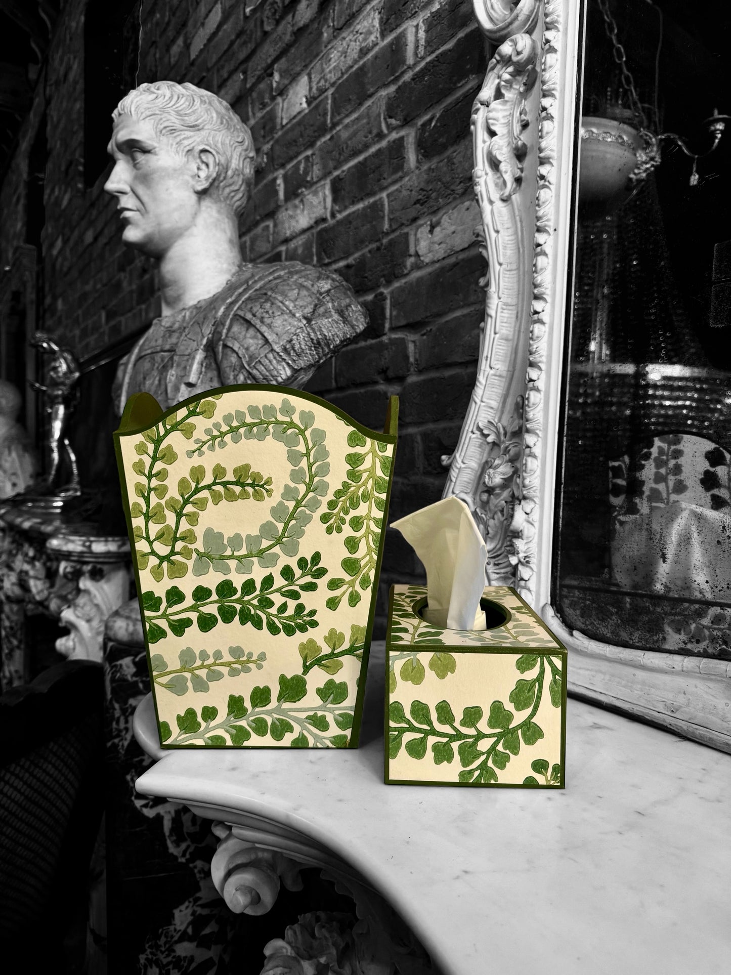 Barnes - Matching set - Waste paper bin & square or rectangle tissue box cover - Decoupage in Fayola by Harlequin in chalk colourway