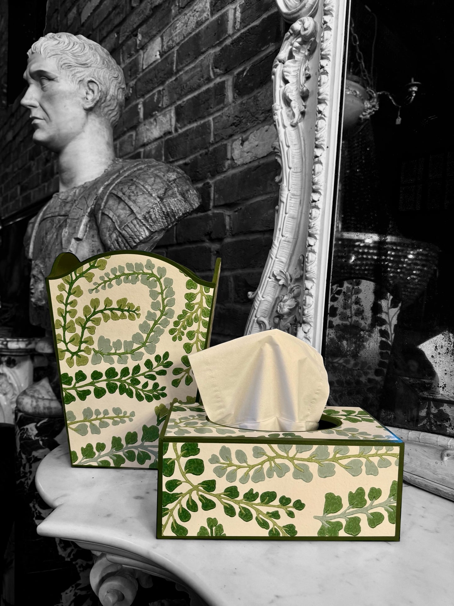 Barnes - Matching set - Waste paper bin & square or rectangle tissue box cover - Decoupage in Fayola by Harlequin in chalk colourway