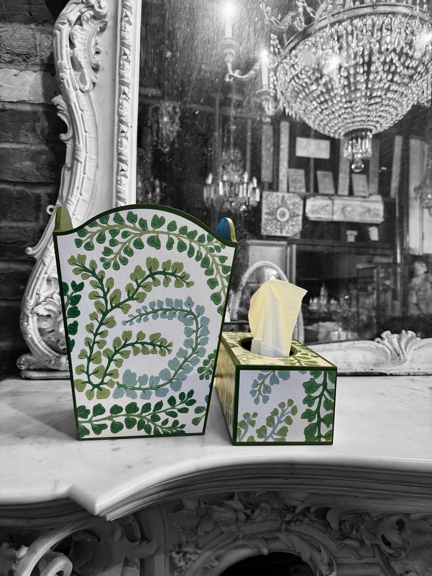Barnes - Matching set - Waste paper bin & square or rectangle tissue box cover - Decoupage in Fayola by Harlequin in chalk colourway