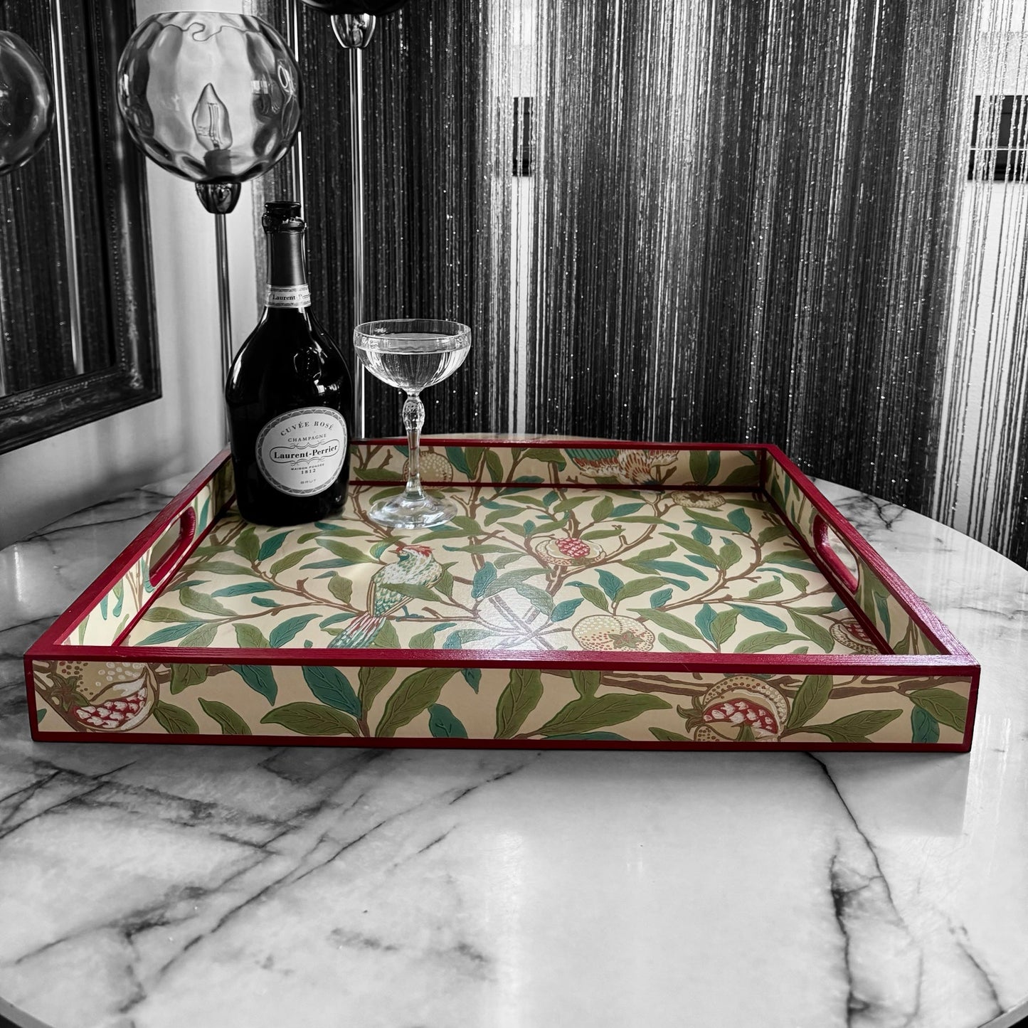 Gloucestershire - Ottoman tray available in 4 x sizes - Decoupage in Bird & Pomegranate by Morris & Co in sage colourway