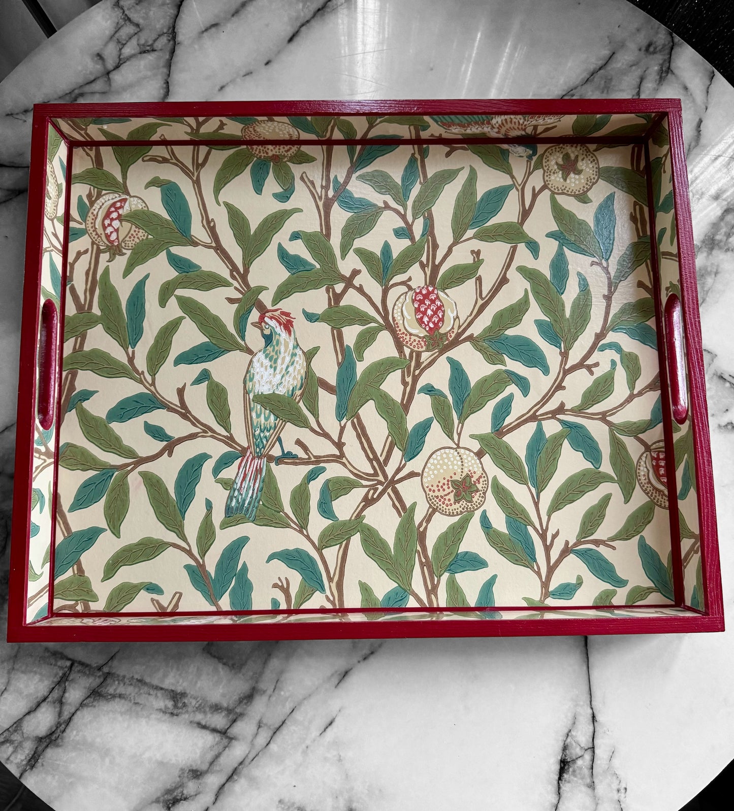 Gloucestershire - Ottoman tray available in 4 x sizes - Decoupage in Bird & Pomegranate by Morris & Co in sage colourway