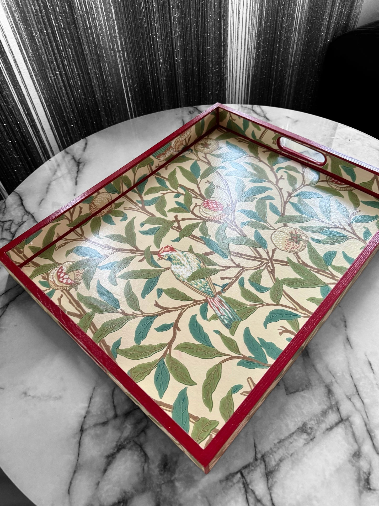 Gloucestershire - Ottoman tray available in 4 x sizes - Decoupage in Bird & Pomegranate by Morris & Co in sage colourway