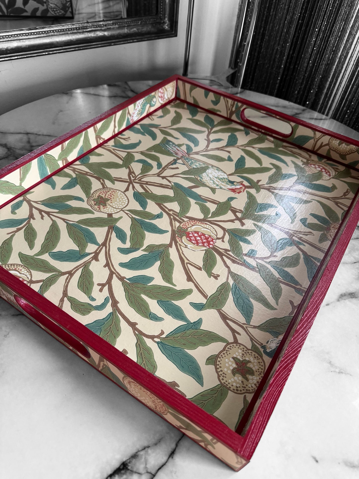 Gloucestershire - Ottoman tray available in 4 x sizes - Decoupage in Bird & Pomegranate by Morris & Co in sage colourway