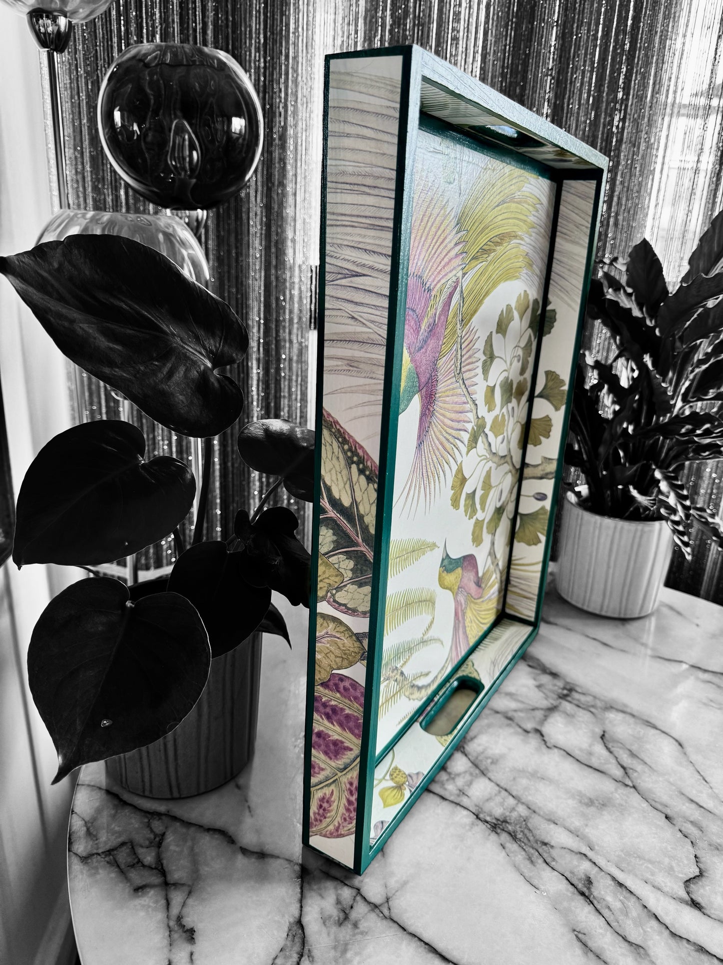 Kew Bird of Paradise ottoman tray,footstool tray,coffee table tray,green,lilac,available in 5 x sizes,matching items available handmade
