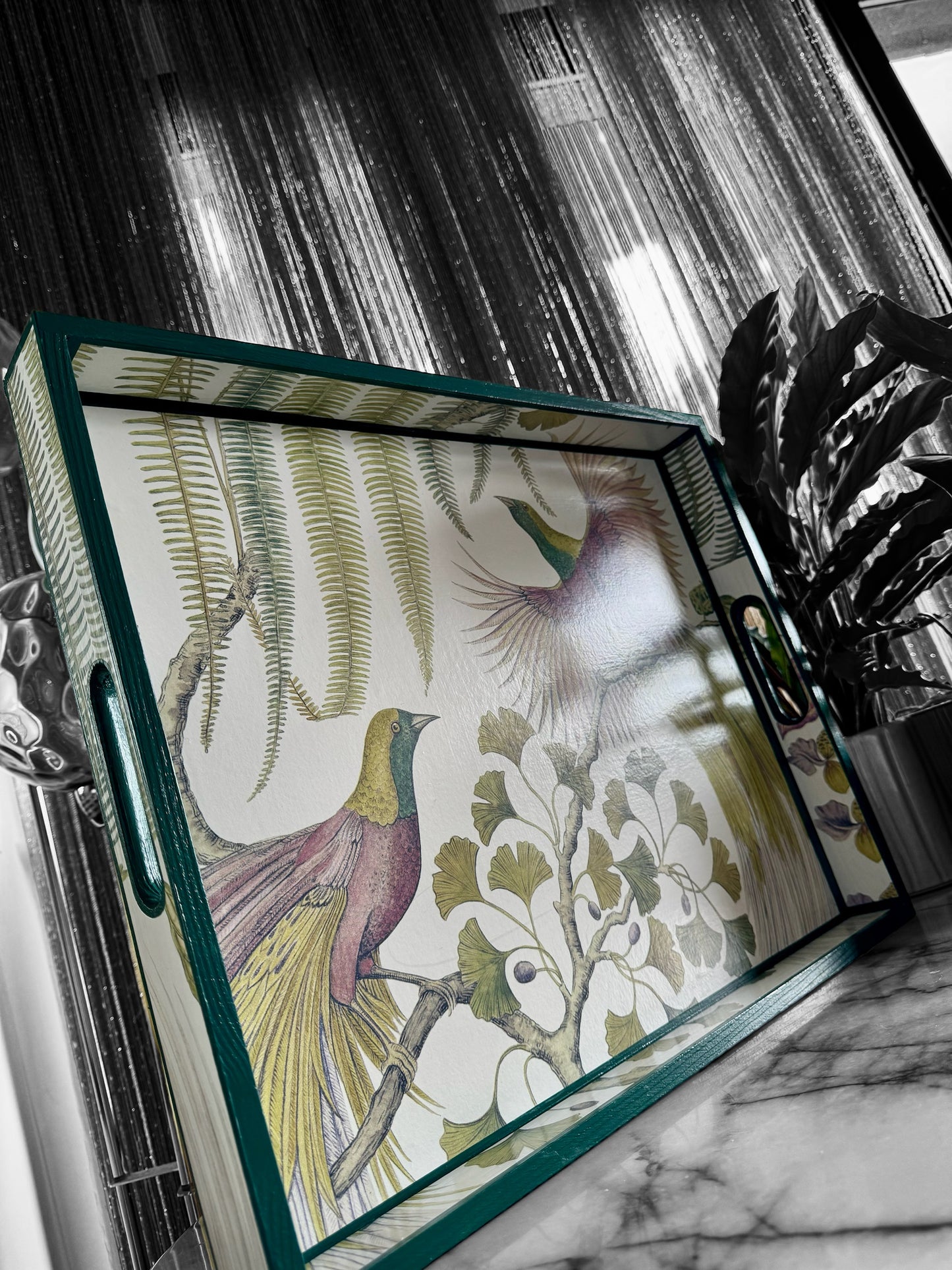 Kew Bird of Paradise ottoman tray,footstool tray,coffee table tray,green,lilac,available in 5 x sizes,matching items available handmade
