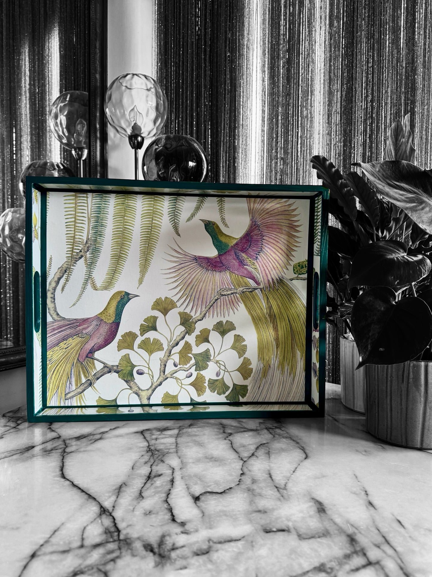 Kew Bird of Paradise ottoman tray,footstool tray,coffee table tray,green,lilac,available in 5 x sizes,matching items available handmade
