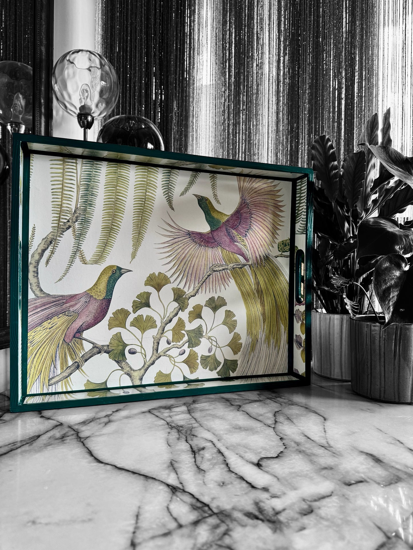 Kew Bird of Paradise ottoman tray,footstool tray,coffee table tray,green,lilac,available in 5 x sizes,matching items available handmade