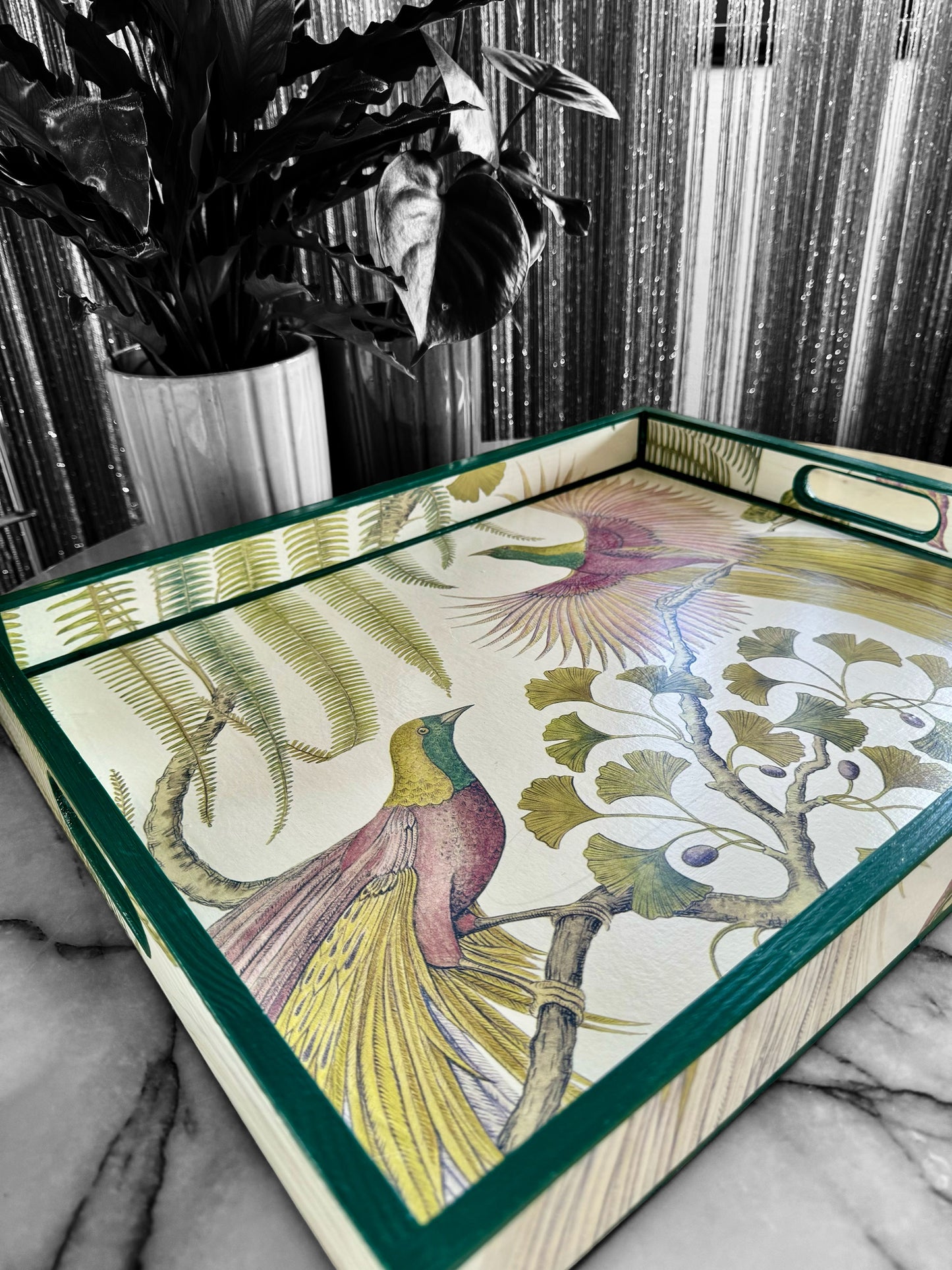 Kew Bird of Paradise ottoman tray,footstool tray,coffee table tray,green,lilac,available in 5 x sizes,matching items available handmade