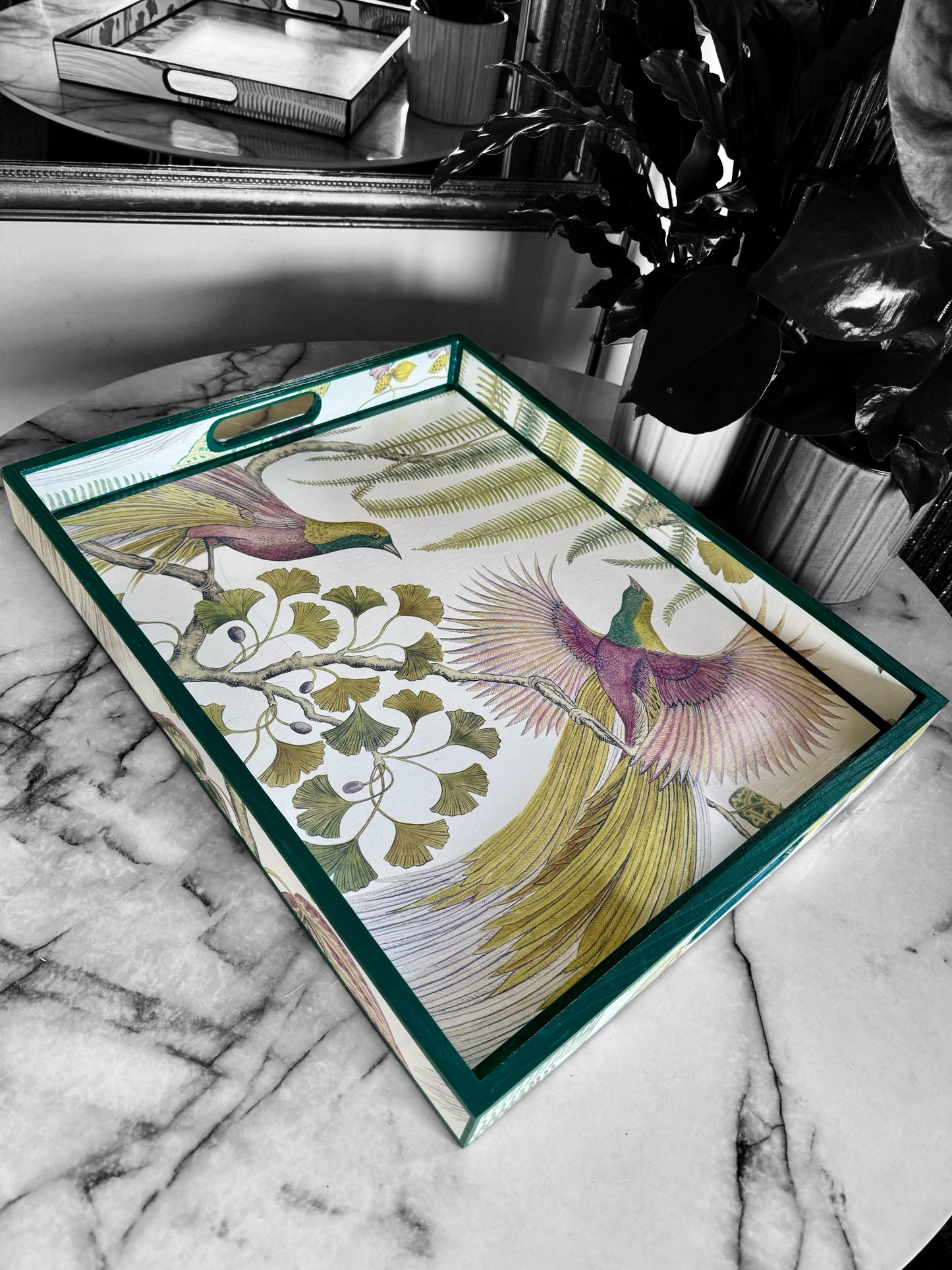 Kew Bird of Paradise ottoman tray,footstool tray,coffee table tray,green,lilac,available in 5 x sizes,matching items available handmade