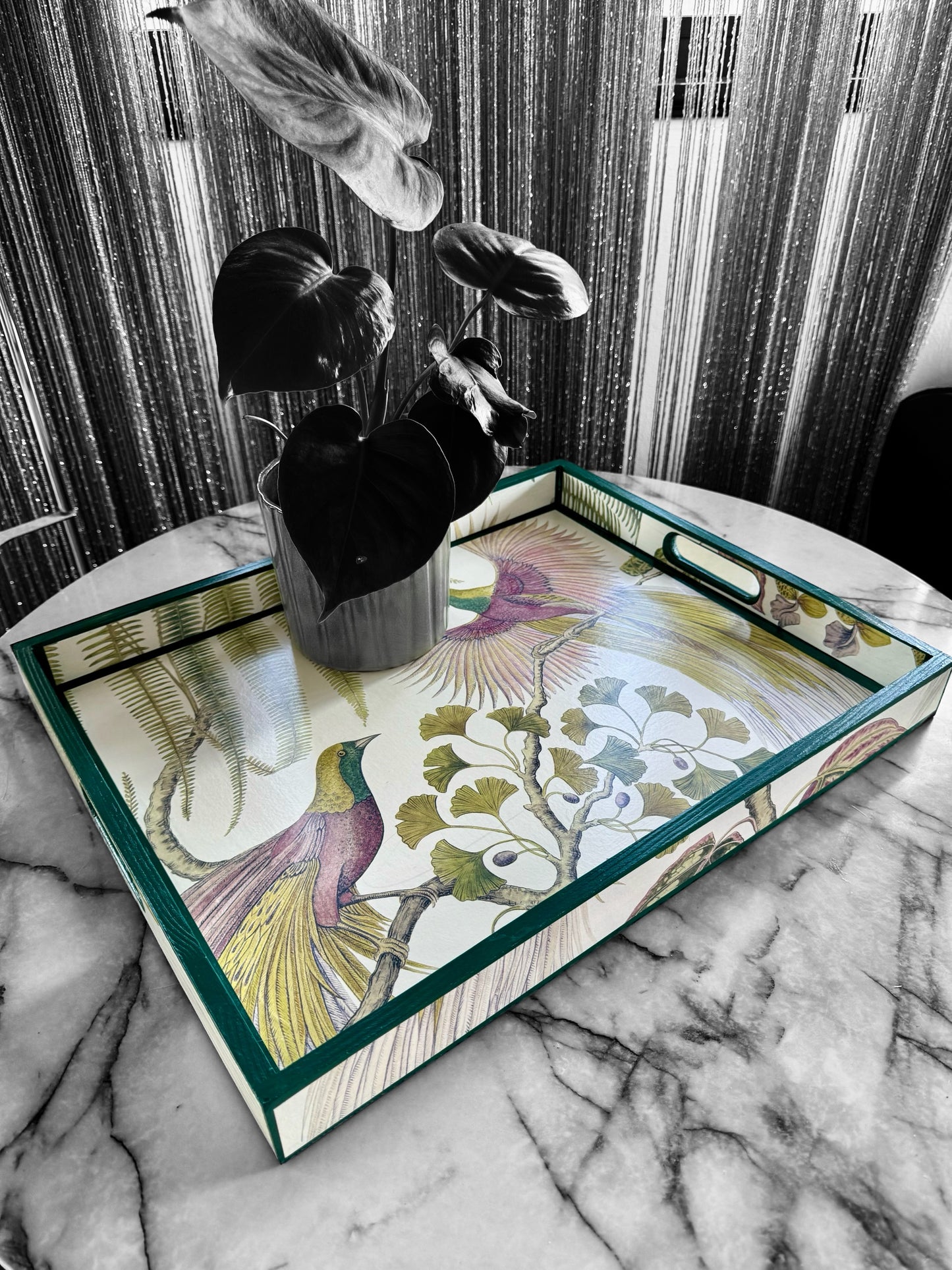 Kew Bird of Paradise ottoman tray,footstool tray,coffee table tray,green,lilac,available in 5 x sizes,matching items available handmade