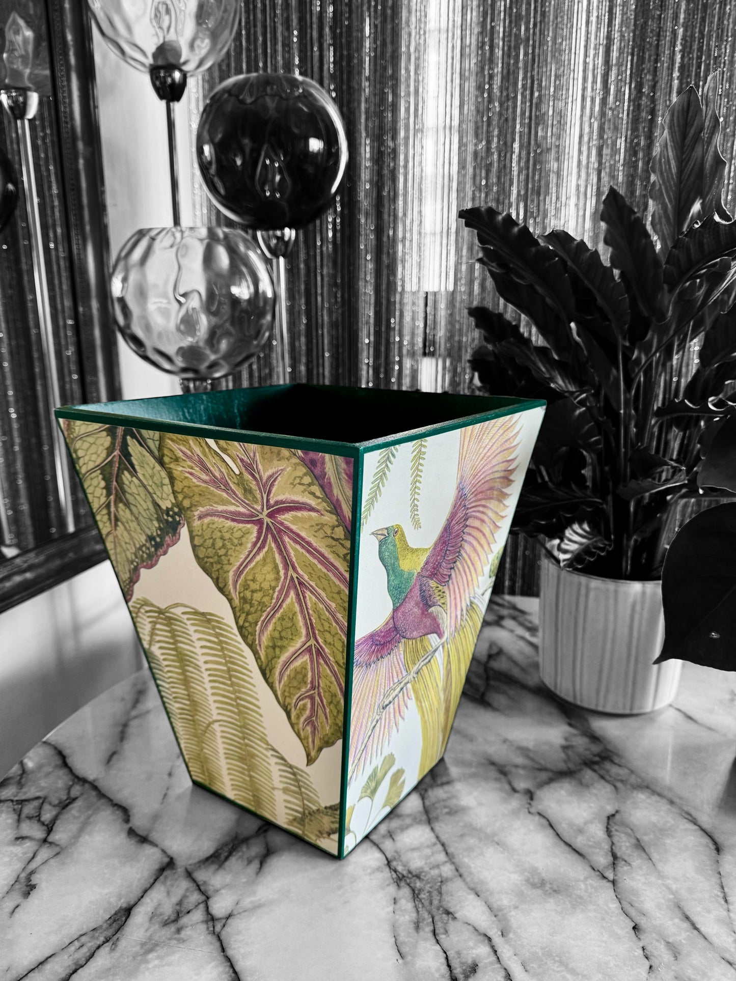 Kew - Wooden waste paper bin & tissue box holder - Decoupage in Bird of Paradise by Sanderson in Orchid colourway