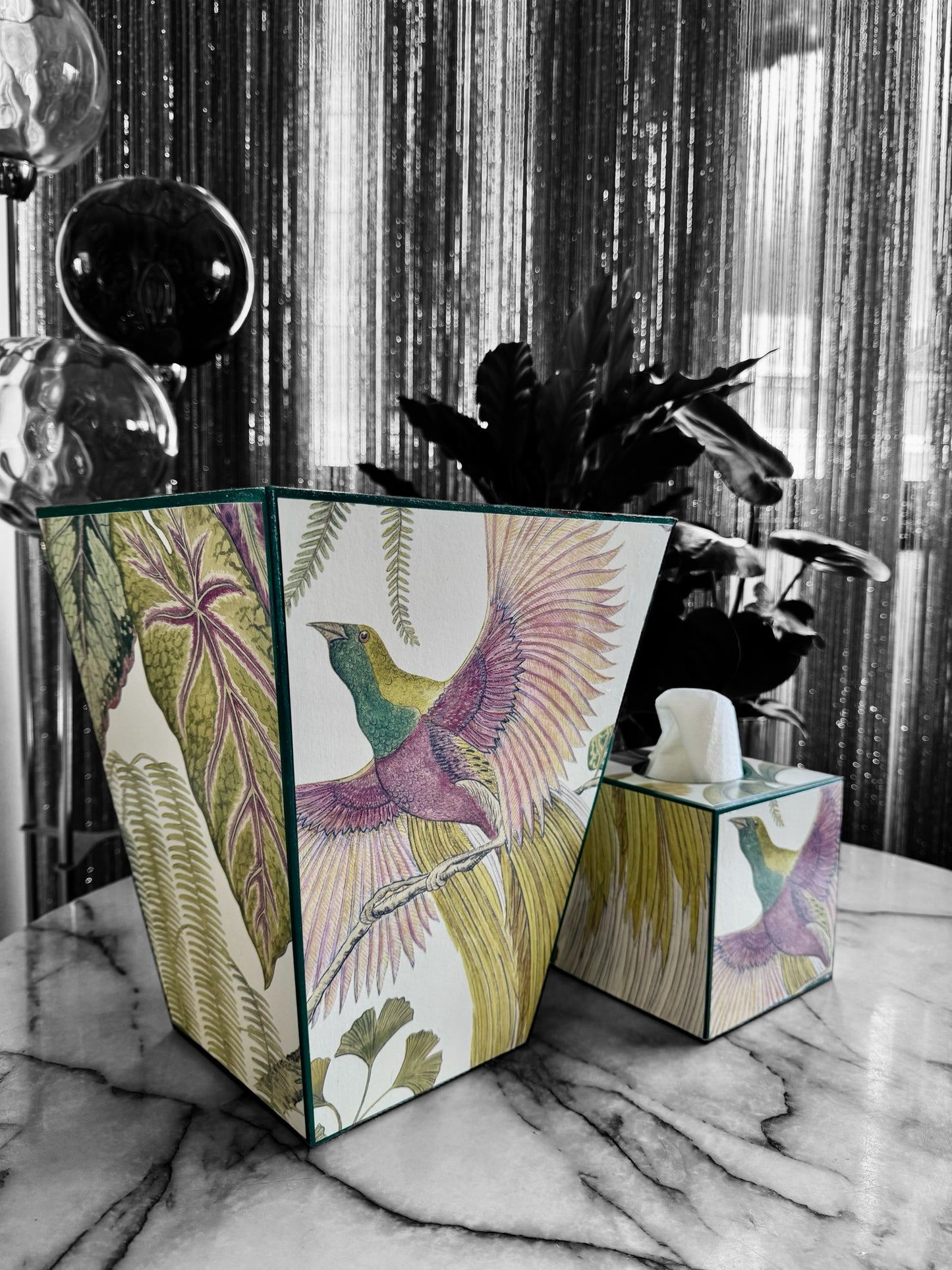 Kew - Wooden waste paper bin & tissue box holder - Decoupage in Bird of Paradise by Sanderson in Orchid colourway