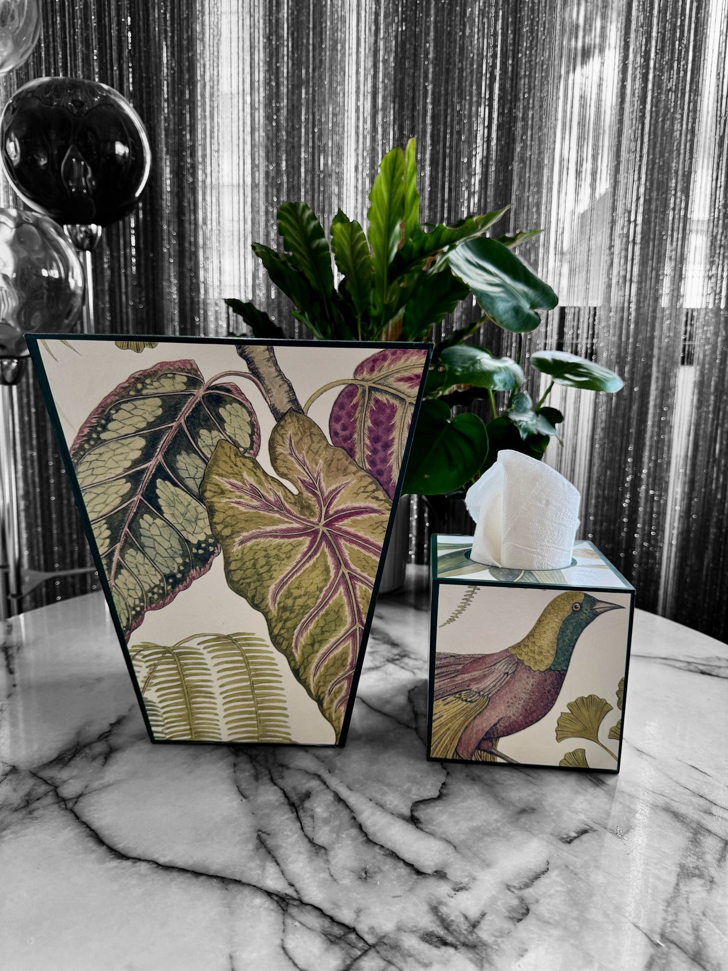 Kew - Wooden waste paper bin & tissue box holder - Decoupage in Bird of Paradise by Sanderson in Orchid colourway