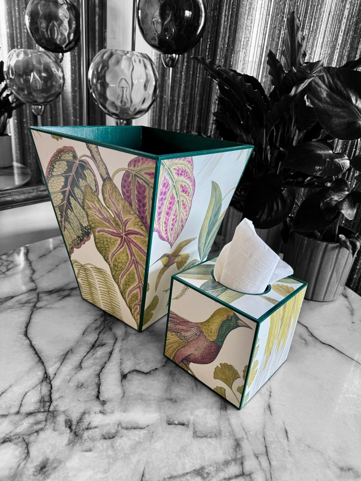 Kew - Wooden waste paper bin & tissue box holder - Decoupage in Bird of Paradise by Sanderson in Orchid colourway