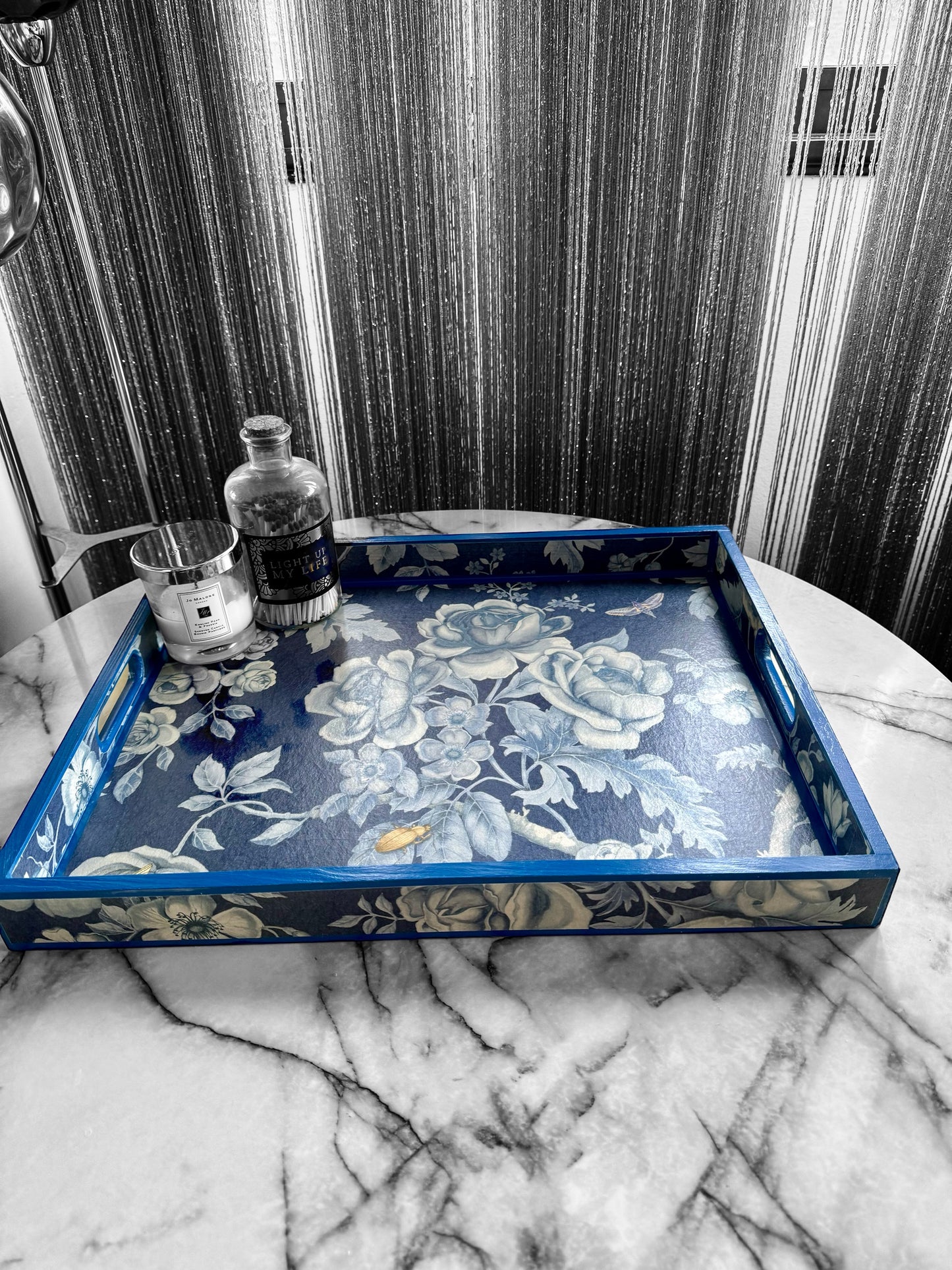 Esher - Ottoman tray available in 4 x sizes - Decoupage in Tansy Bloom by Giles Deacon in atlantis colourway
