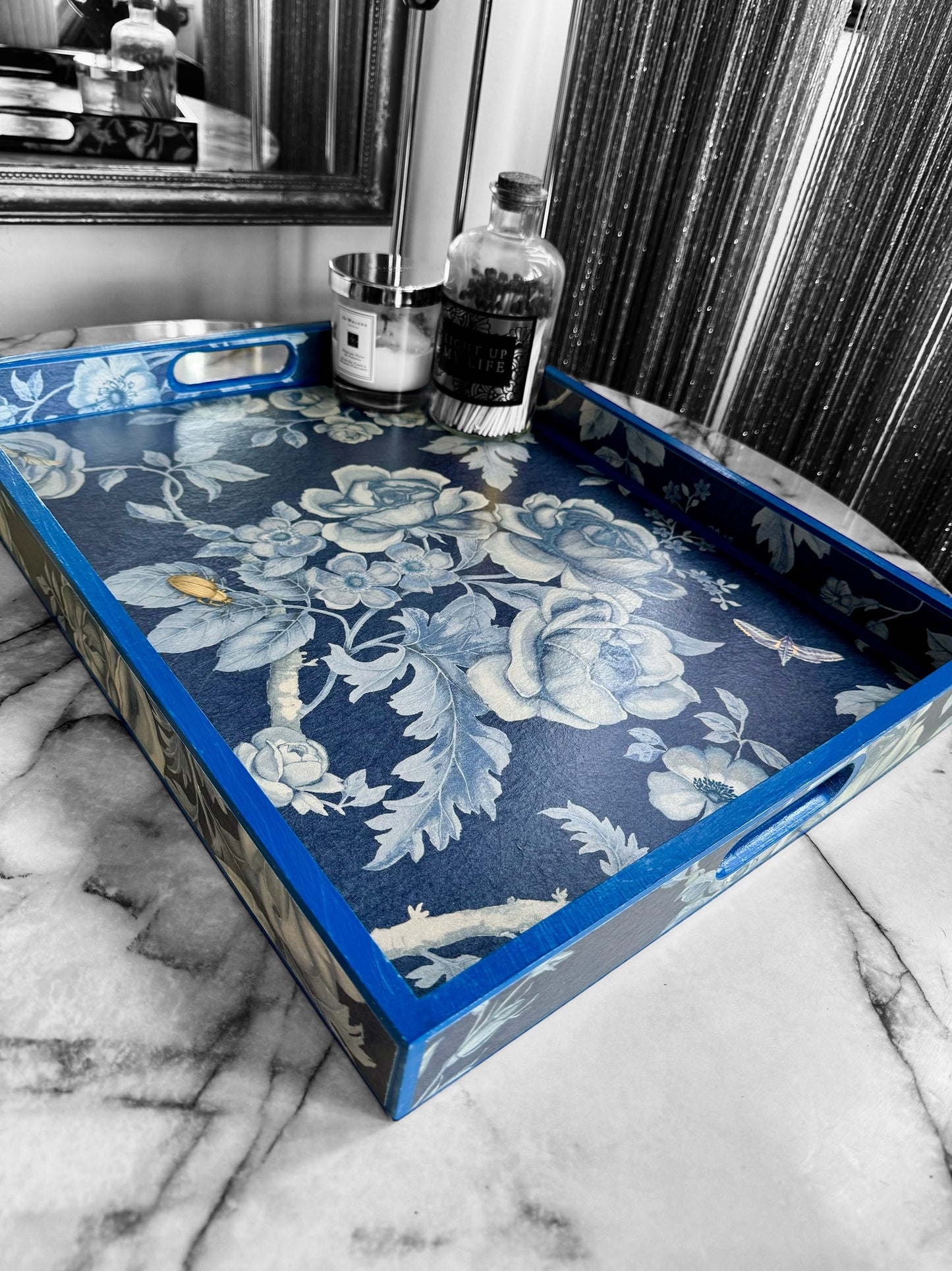 Esher - Ottoman tray available in 4 x sizes - Decoupage in Tansy Bloom by Giles Deacon in atlantis colourway