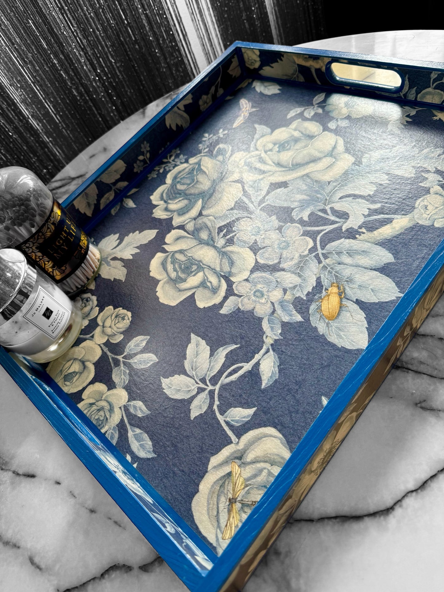 Esher - Ottoman tray available in 4 x sizes - Decoupage in Tansy Bloom by Giles Deacon in atlantis colourway