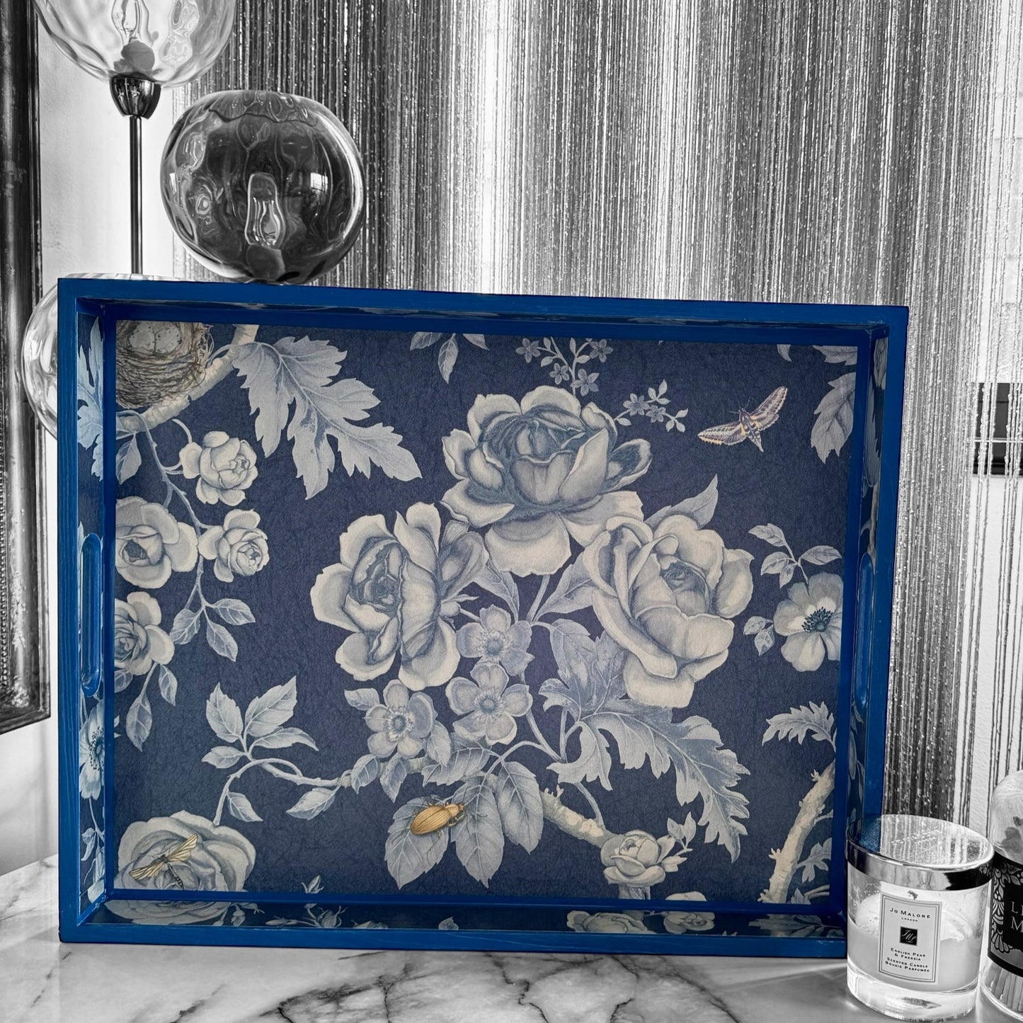 Esher - Ottoman tray available in 4 x sizes - Decoupage in Tansy Bloom by Giles Deacon in atlantis colourway