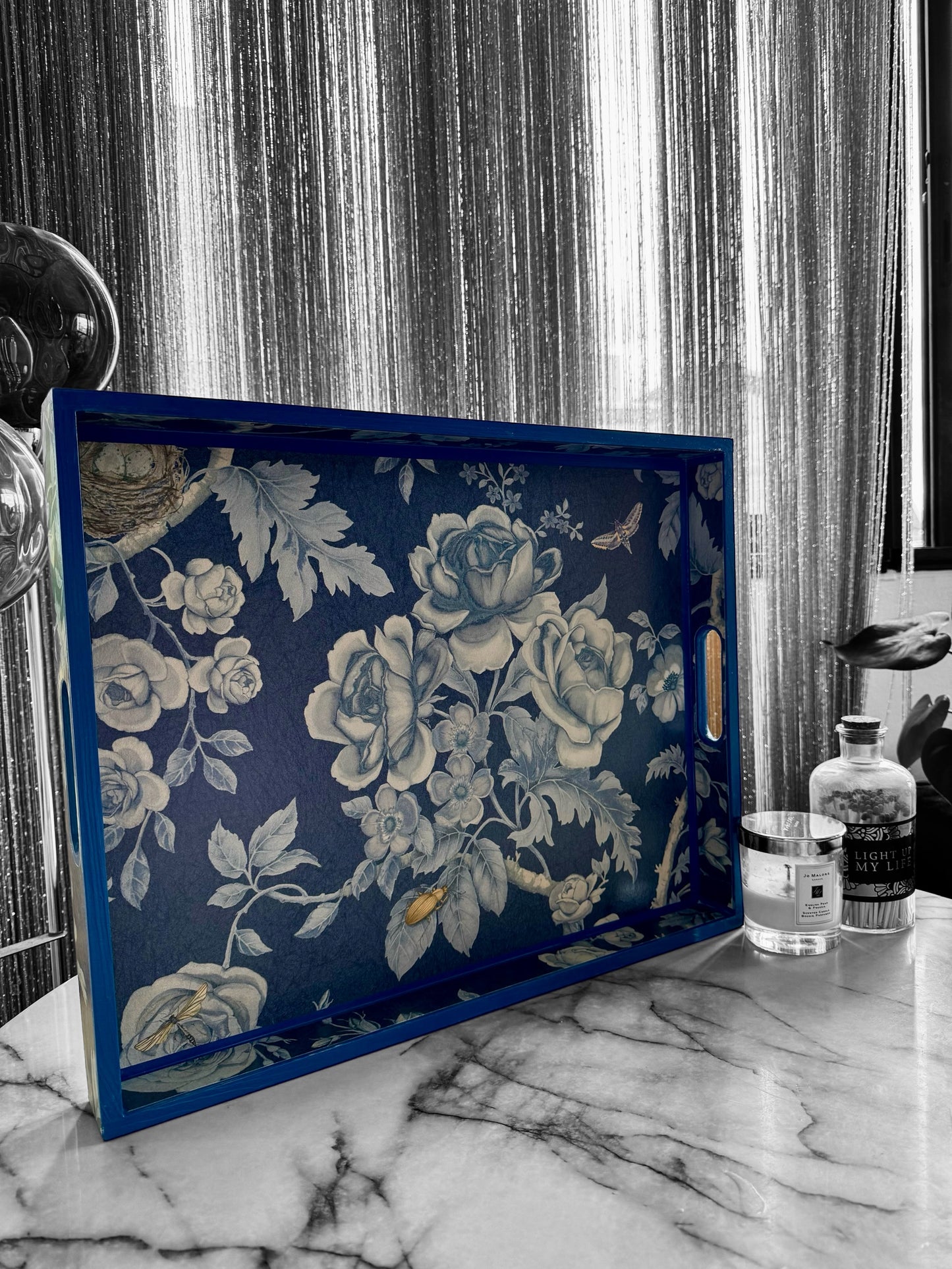 Esher - Ottoman tray available in 4 x sizes - Decoupage in Tansy Bloom by Giles Deacon in atlantis colourway