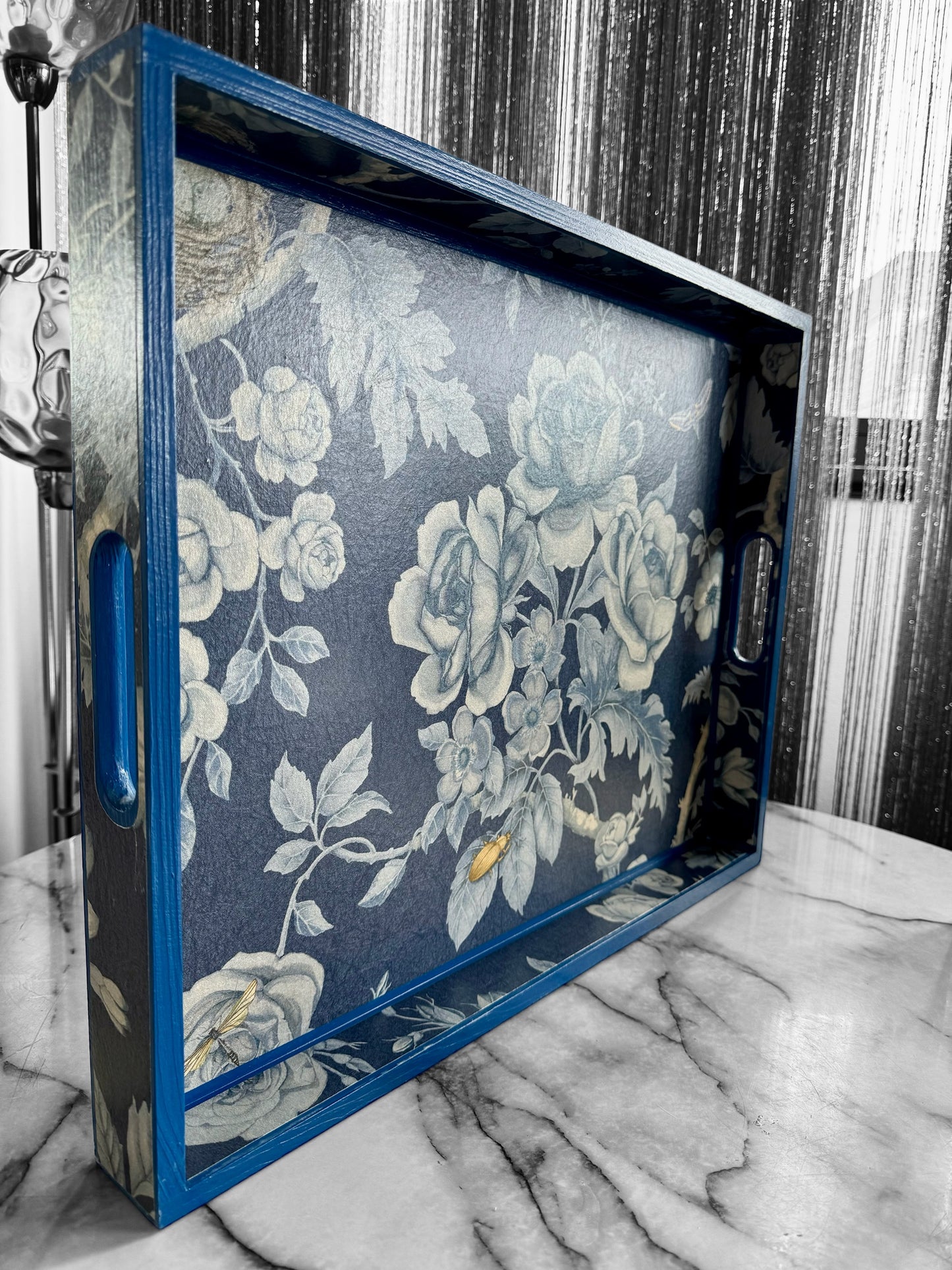 Esher - Ottoman tray available in 4 x sizes - Decoupage in Tansy Bloom by Giles Deacon in atlantis colourway