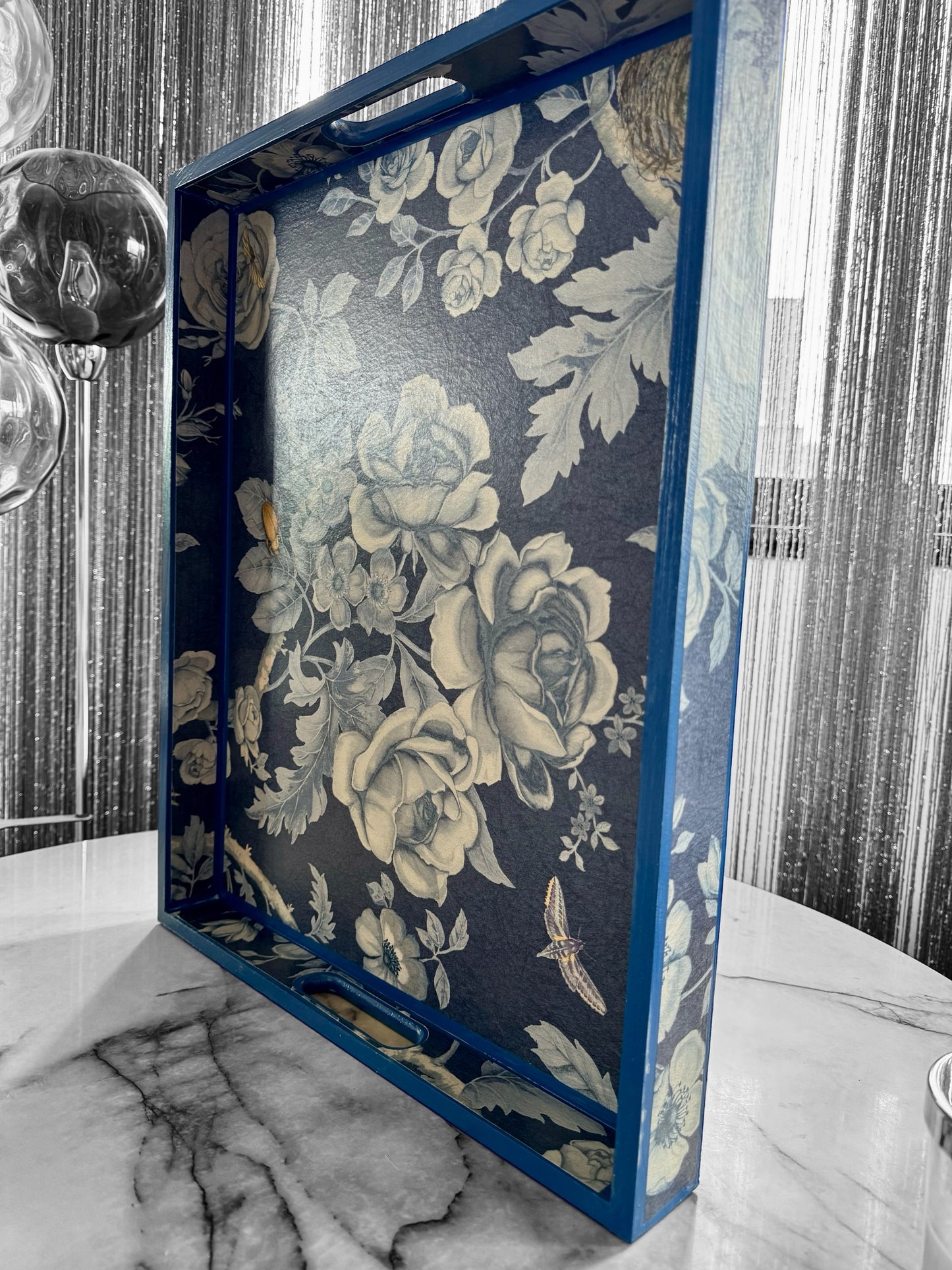 Esher - Ottoman tray available in 4 x sizes - Decoupage in Tansy Bloom by Giles Deacon in atlantis colourway