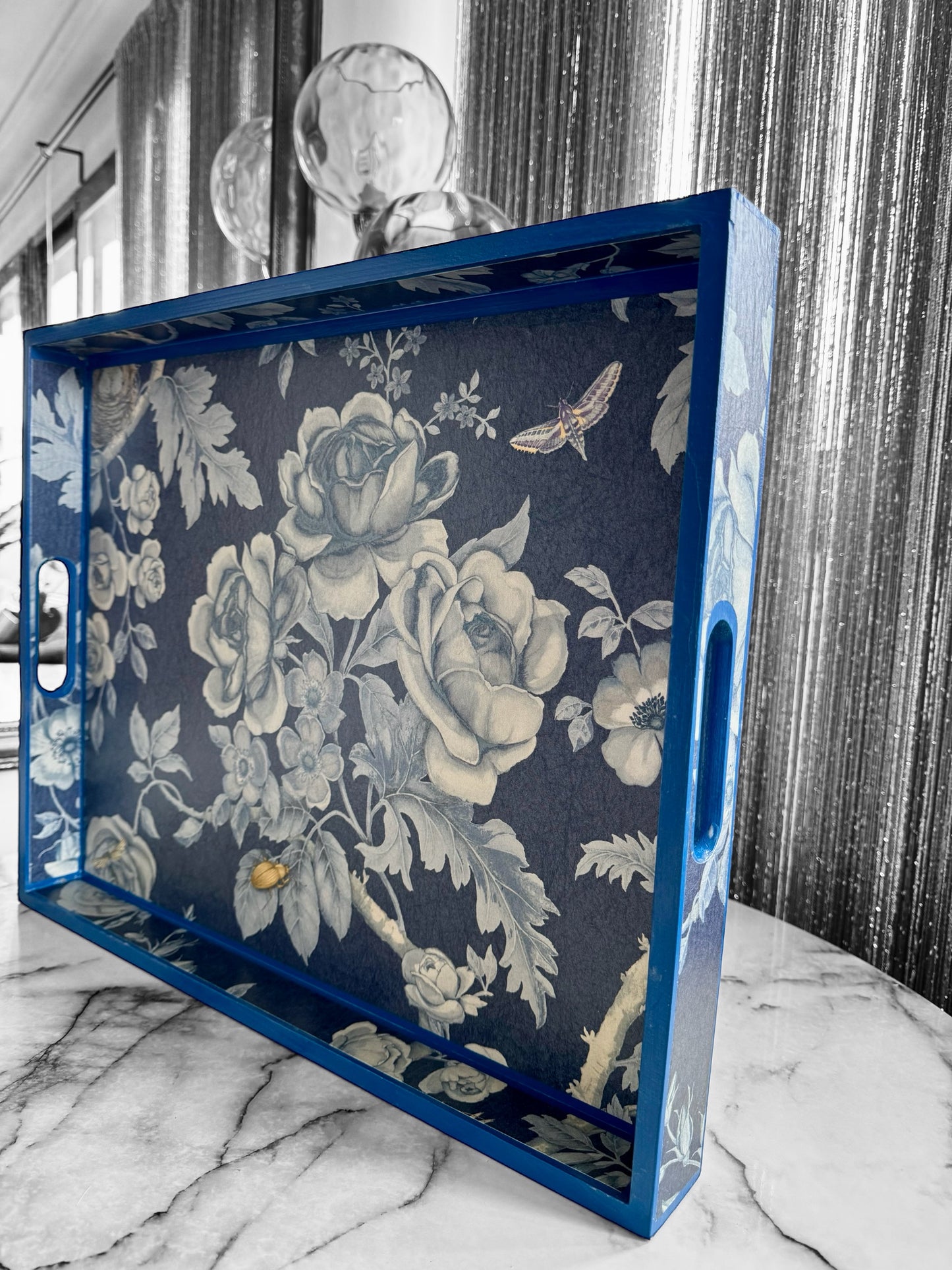Esher - Ottoman tray available in 4 x sizes - Decoupage in Tansy Bloom by Giles Deacon in atlantis colourway