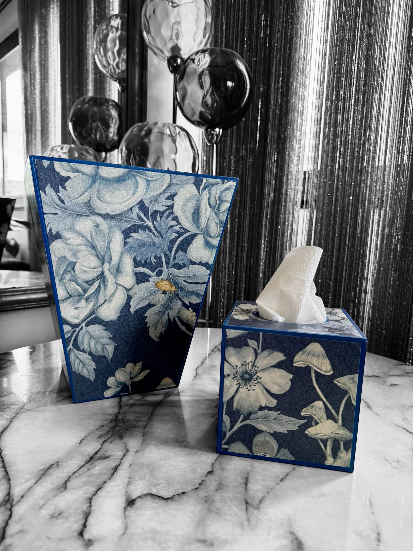 Esher - Matching set option for square or rectangle tissue box cover - Decoupage in Tansy Bloom by Giles Deacon atlantis colourway