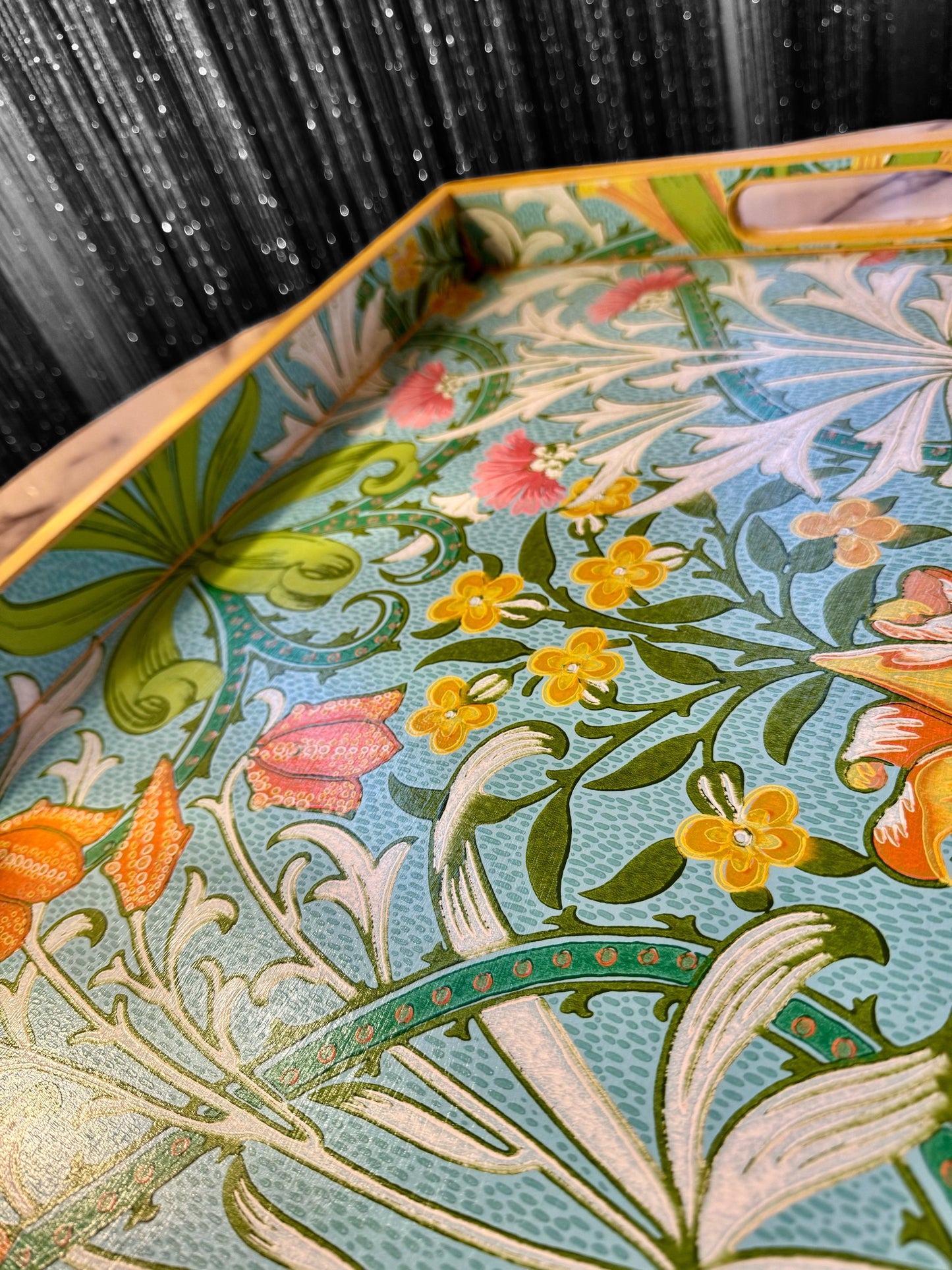 Highgate - Ottoman tray available in 4 x sizes - Decoupage in William Morris Woodland weeds by Morris & Co in orange & turquoise colourway